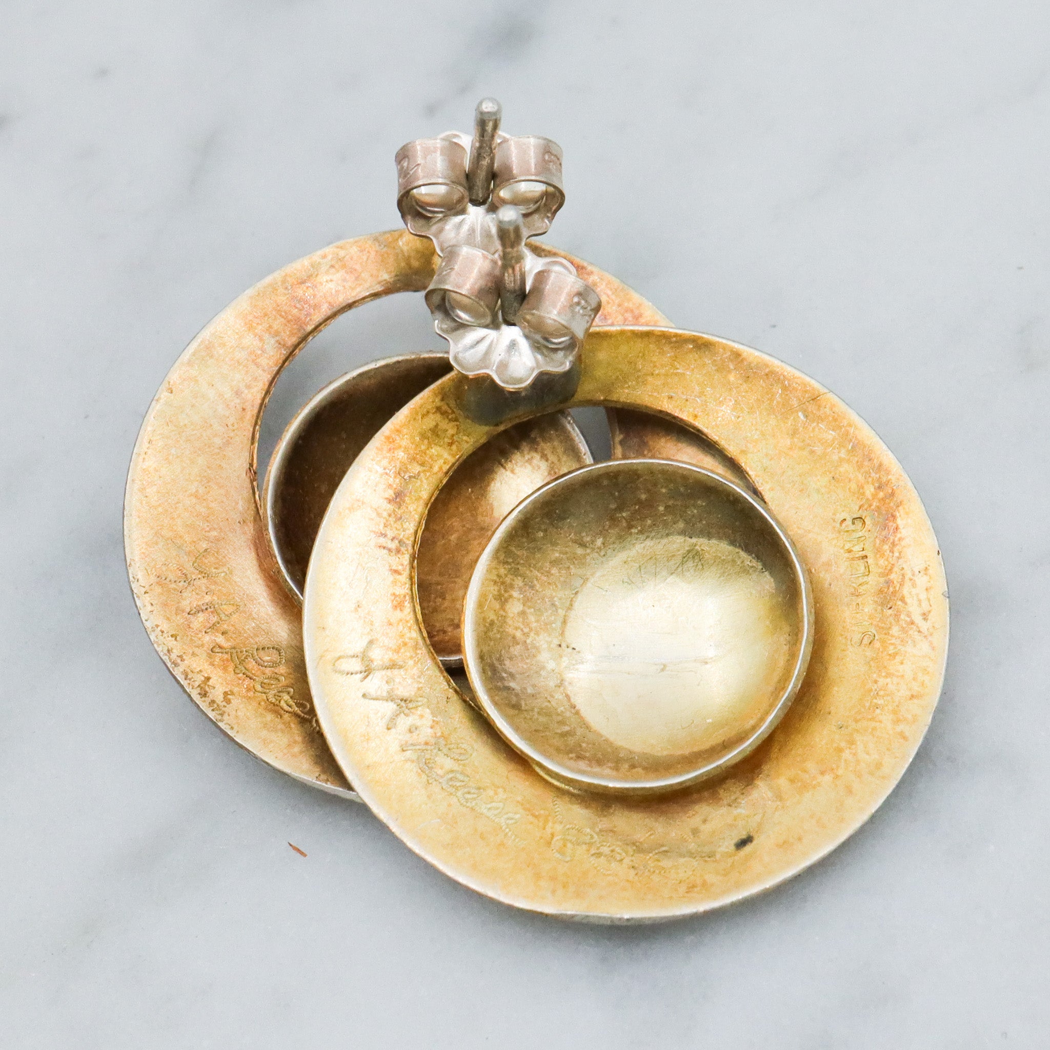 Mid Century gold vermeil sterling silver disc earrings, artist signed