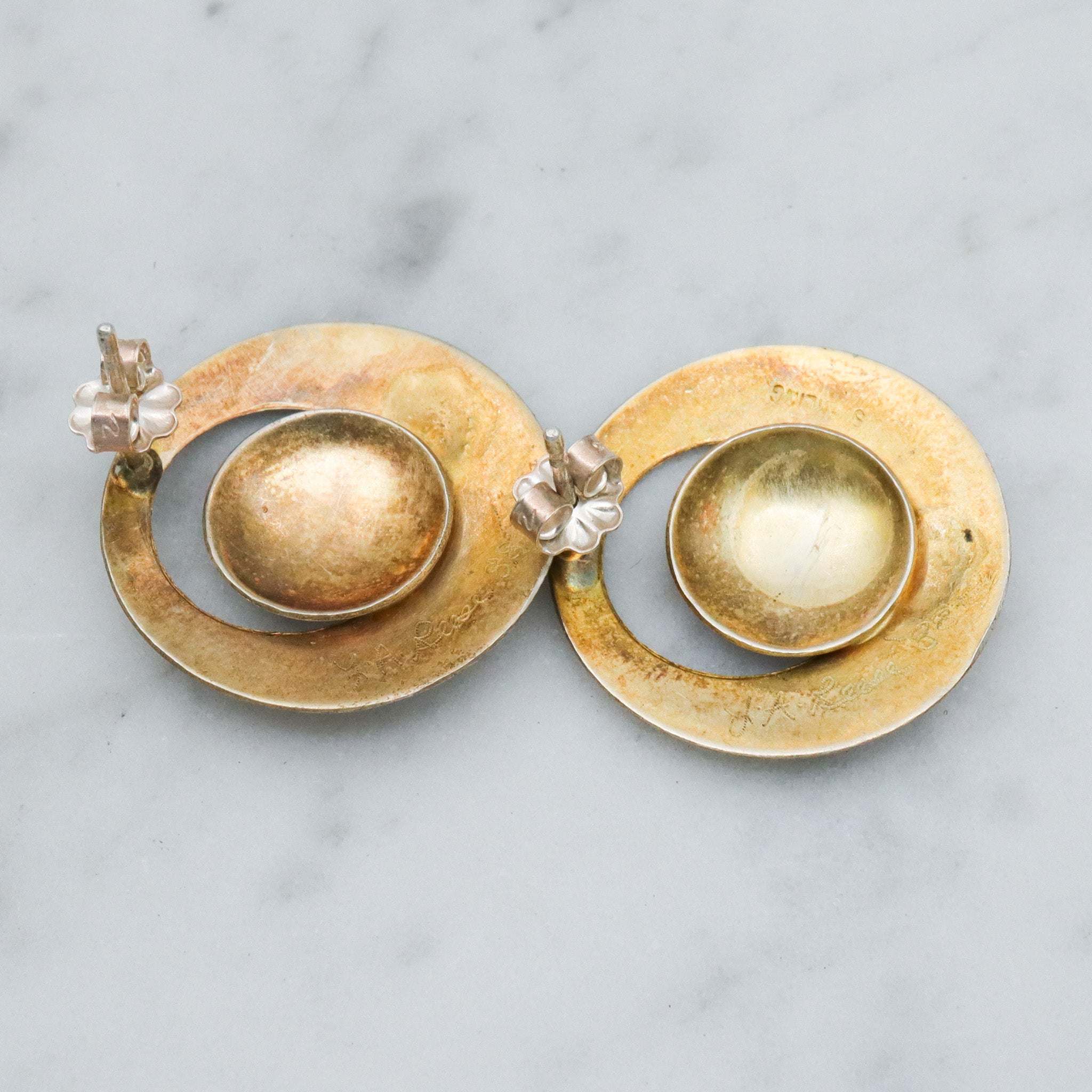 Mid Century gold vermeil sterling silver disc earrings, artist signed