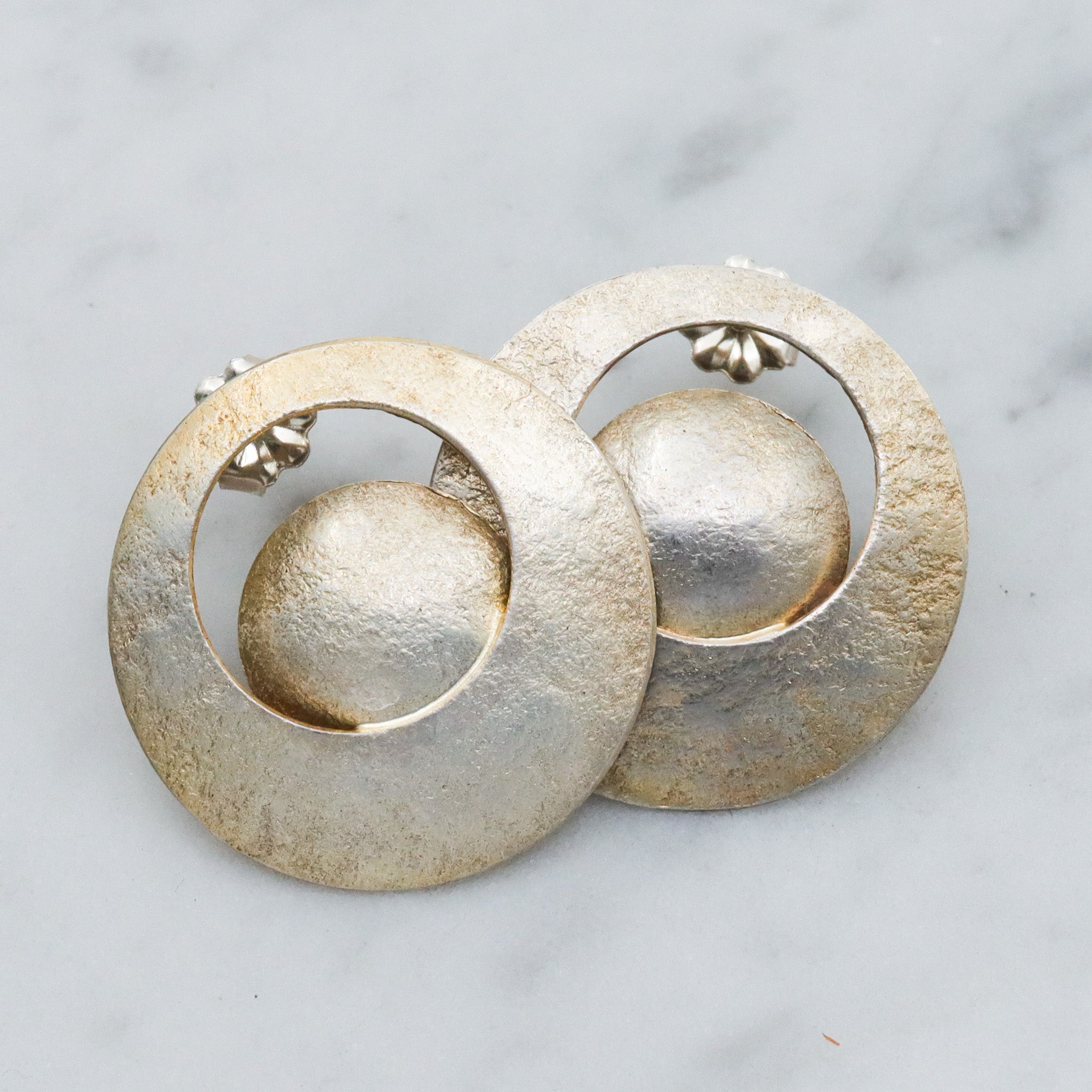 Mid Century gold vermeil sterling silver disc earrings, artist signed