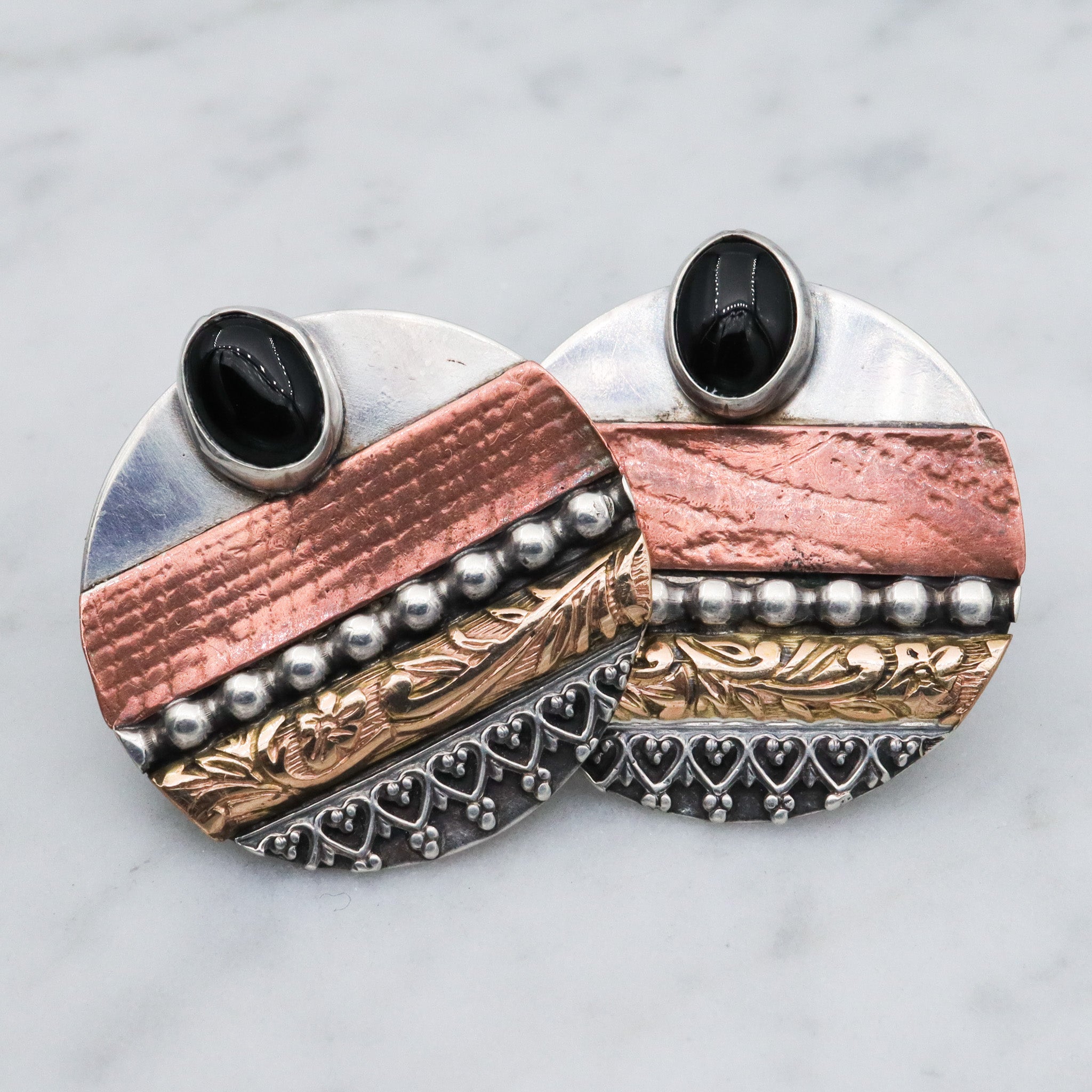 Retro sterling silver, copper & brass disc earrings with onyx, artist signed