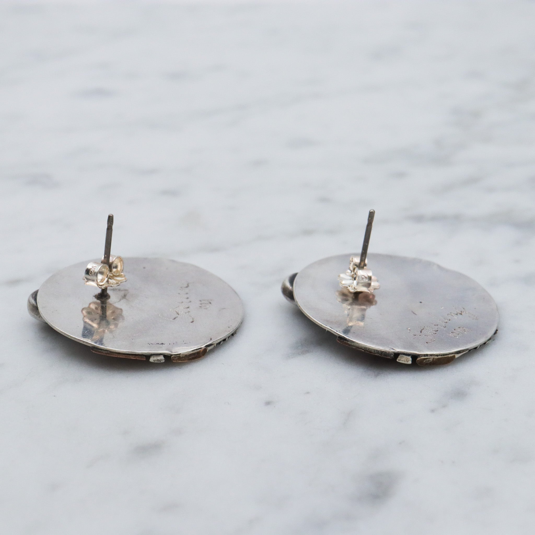 Retro sterling silver, copper & brass disc earrings with onyx, artist signed