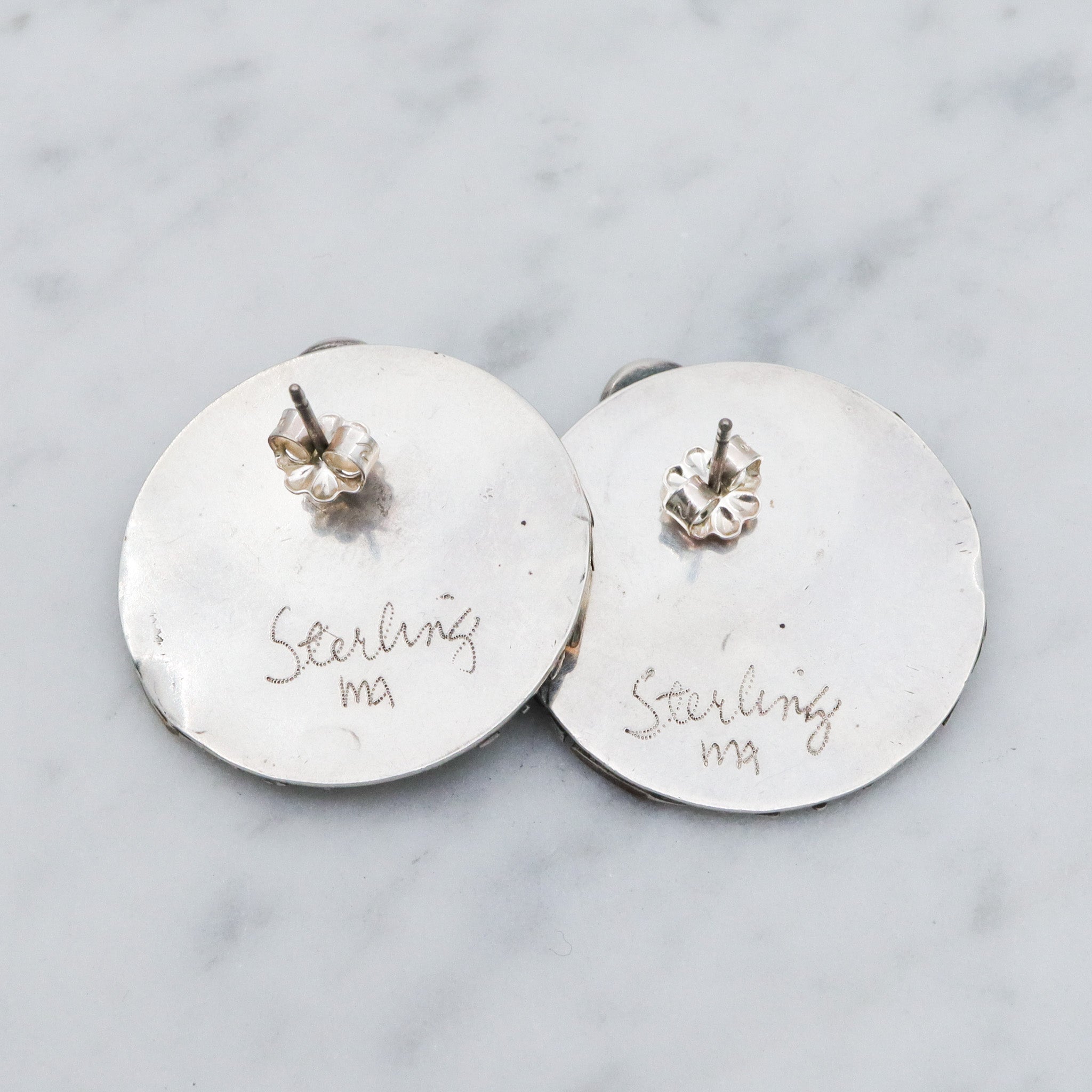 Retro sterling silver, copper & brass disc earrings with onyx, artist signed