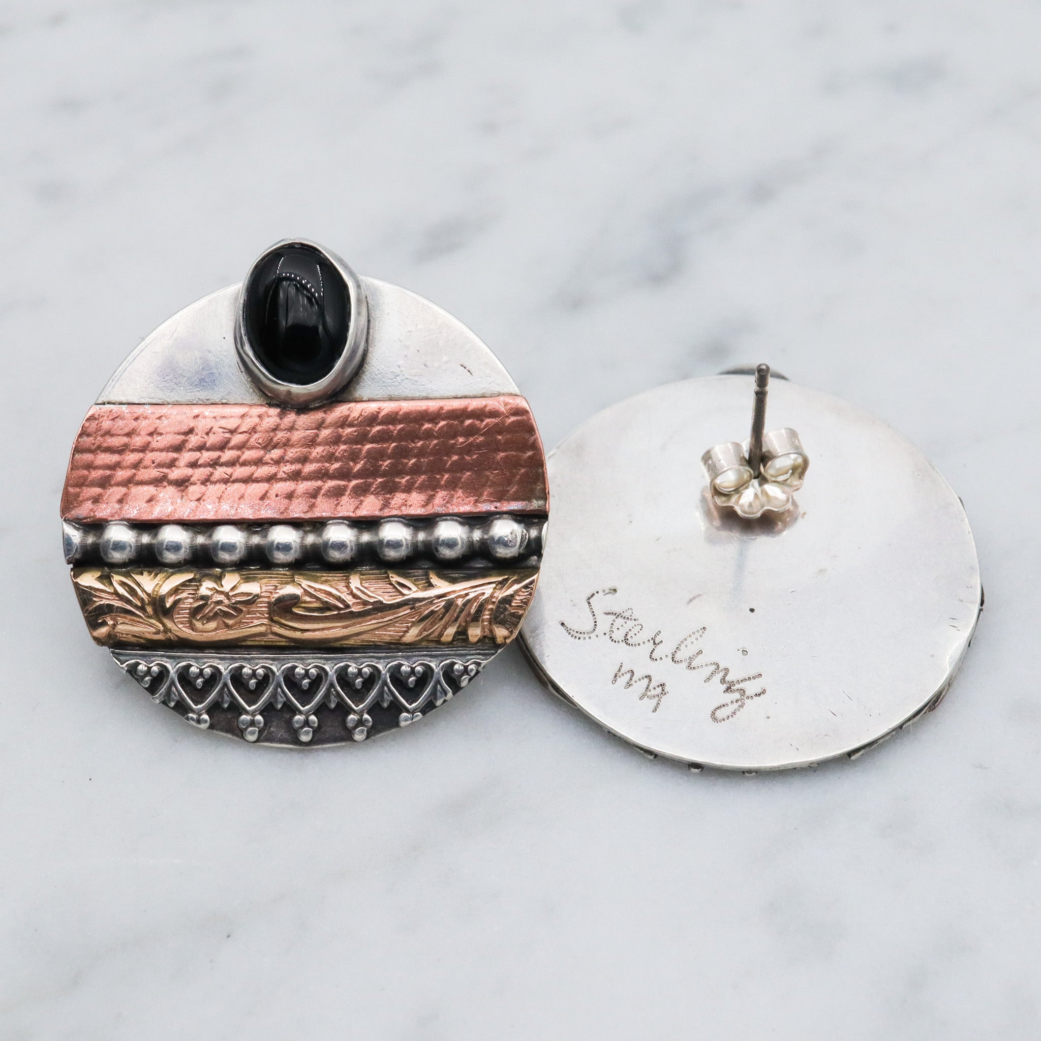 Retro sterling silver, copper & brass disc earrings with onyx, artist signed