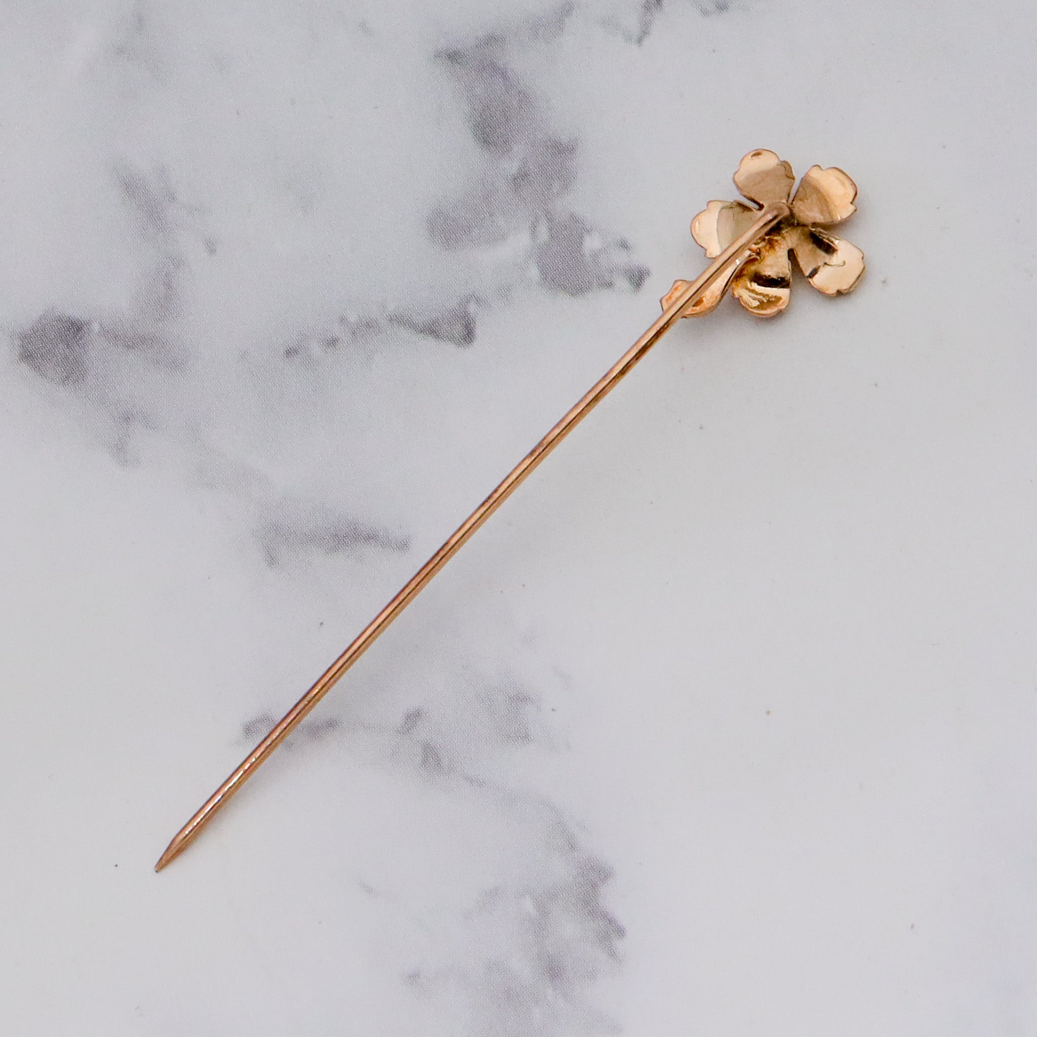Antique Nouveau 10k gold, enamel, split pearl & faux sapphire stick pin