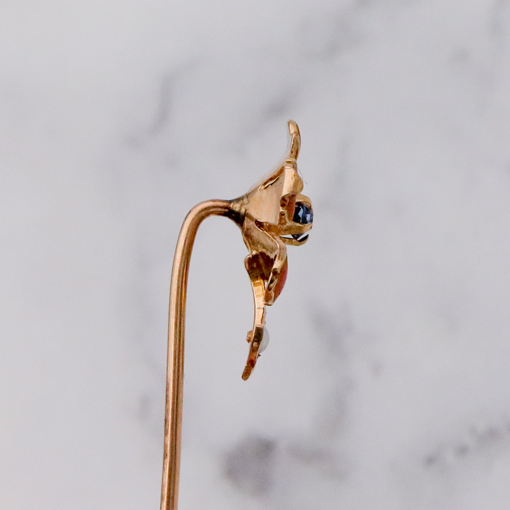 Antique Nouveau 10k gold, enamel, split pearl & faux sapphire stick pin