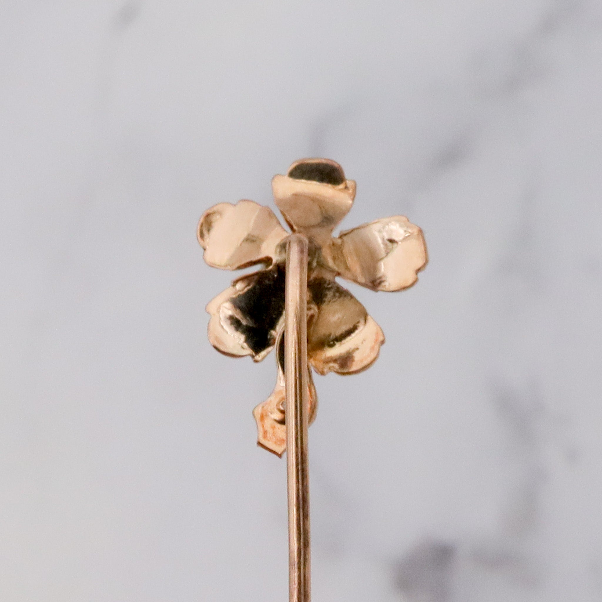 Antique Nouveau 10k gold, enamel, split pearl & faux sapphire stick pin