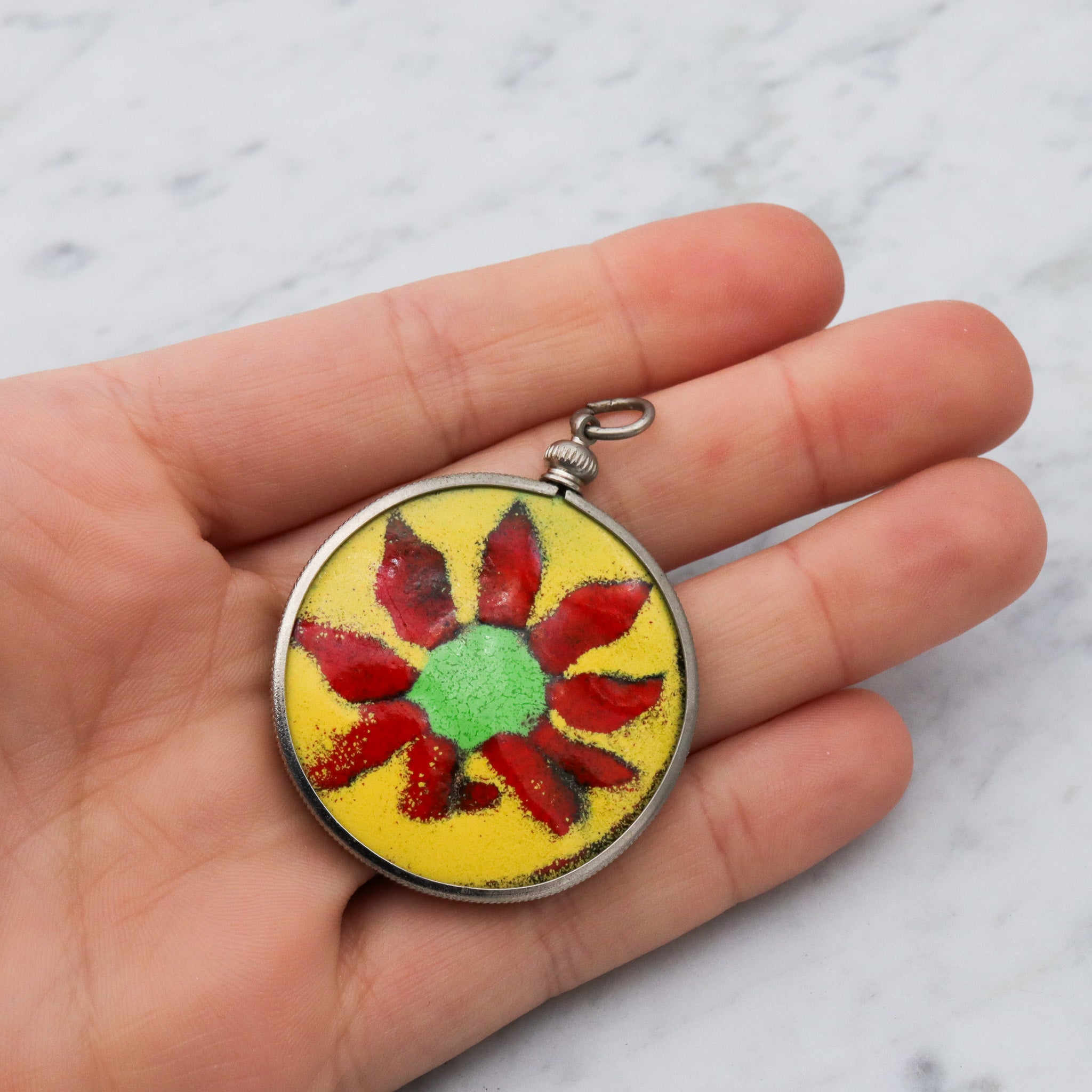 Retro handmade enameled copper double sided medallion pendant with butterfly & flower