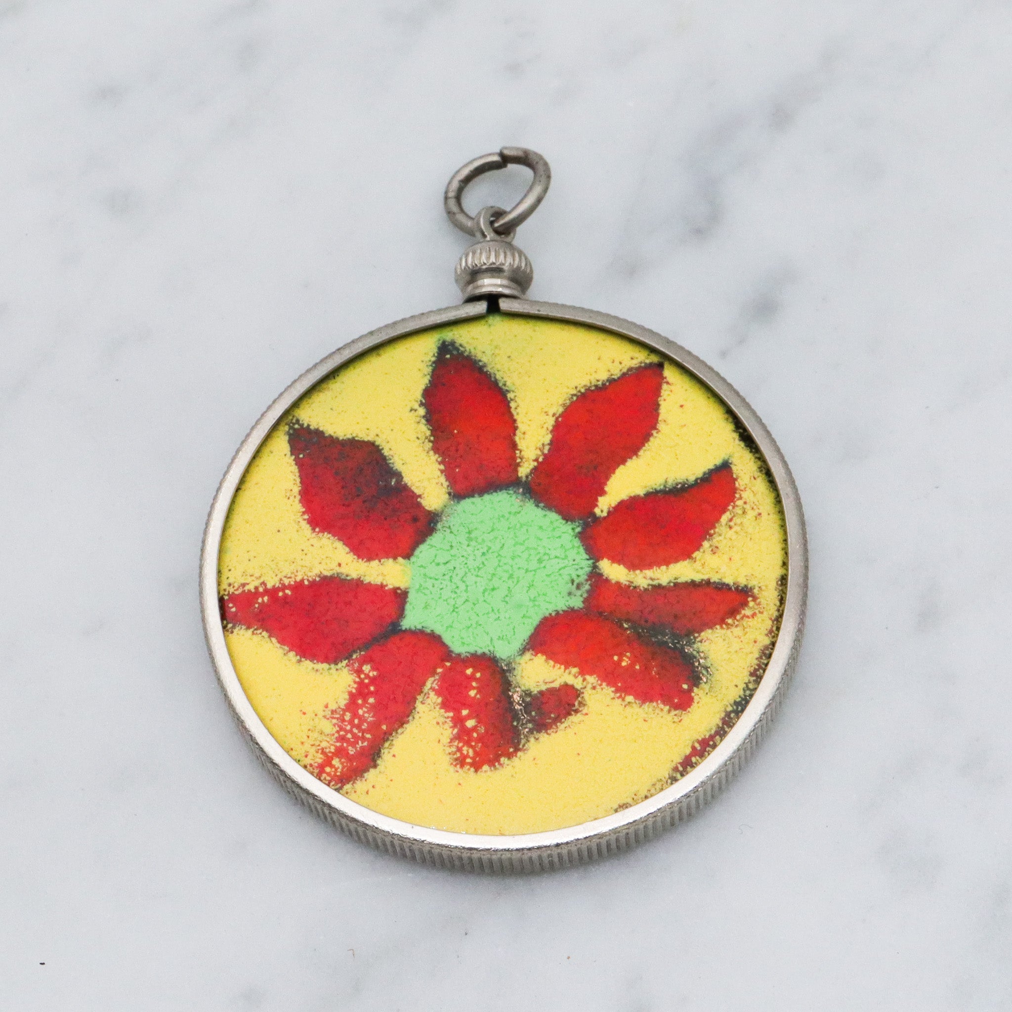 Retro handmade enameled copper double sided medallion pendant with butterfly & flower