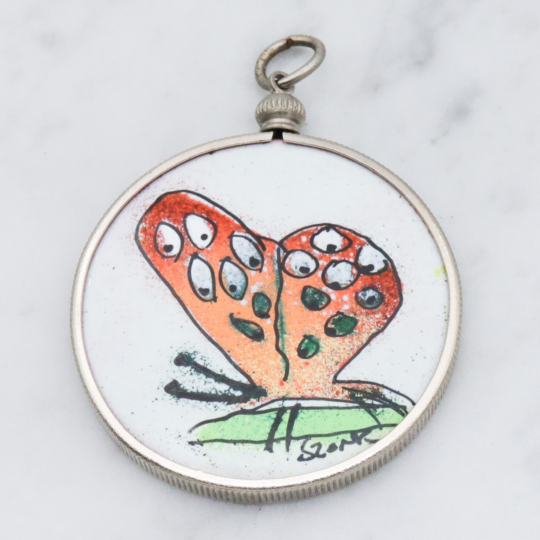 Retro handmade enameled copper double sided medallion pendant with butterfly & flower