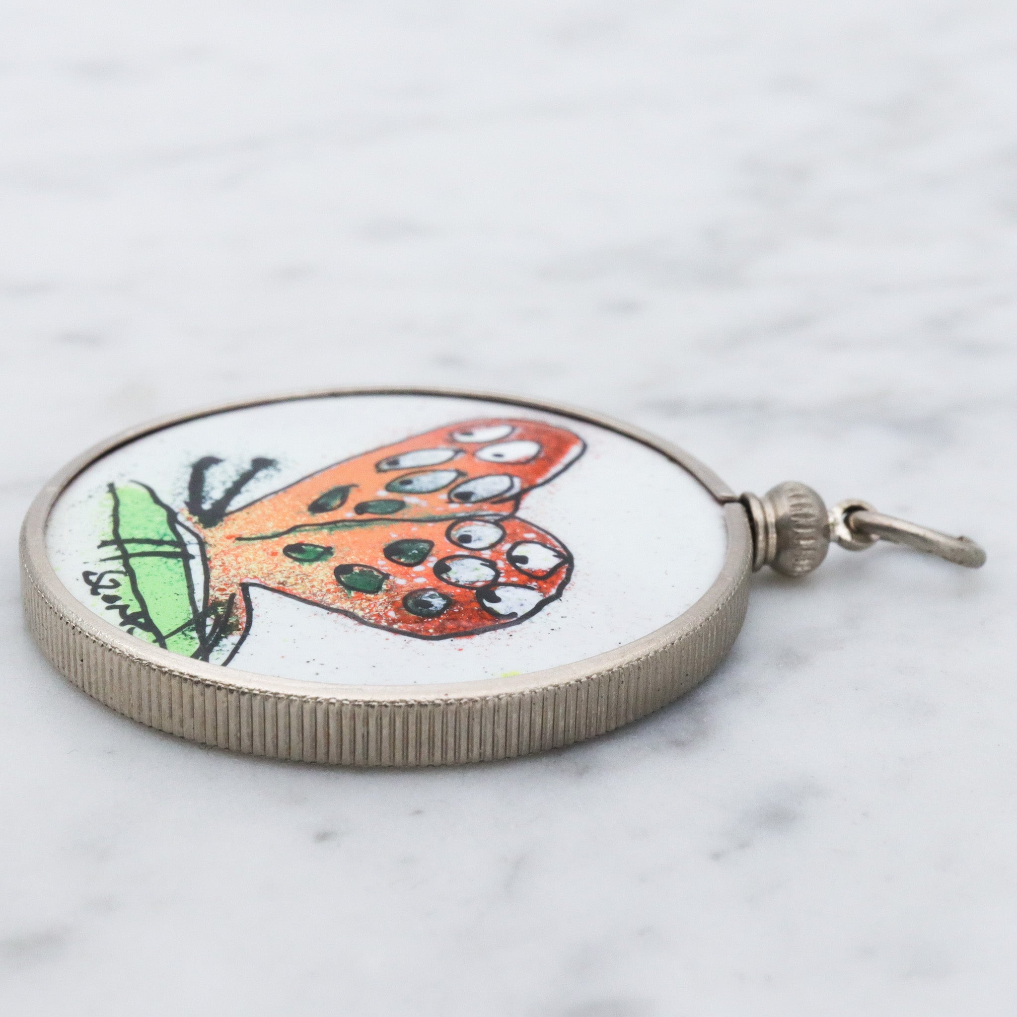 Retro handmade enameled copper double sided medallion pendant with butterfly & flower