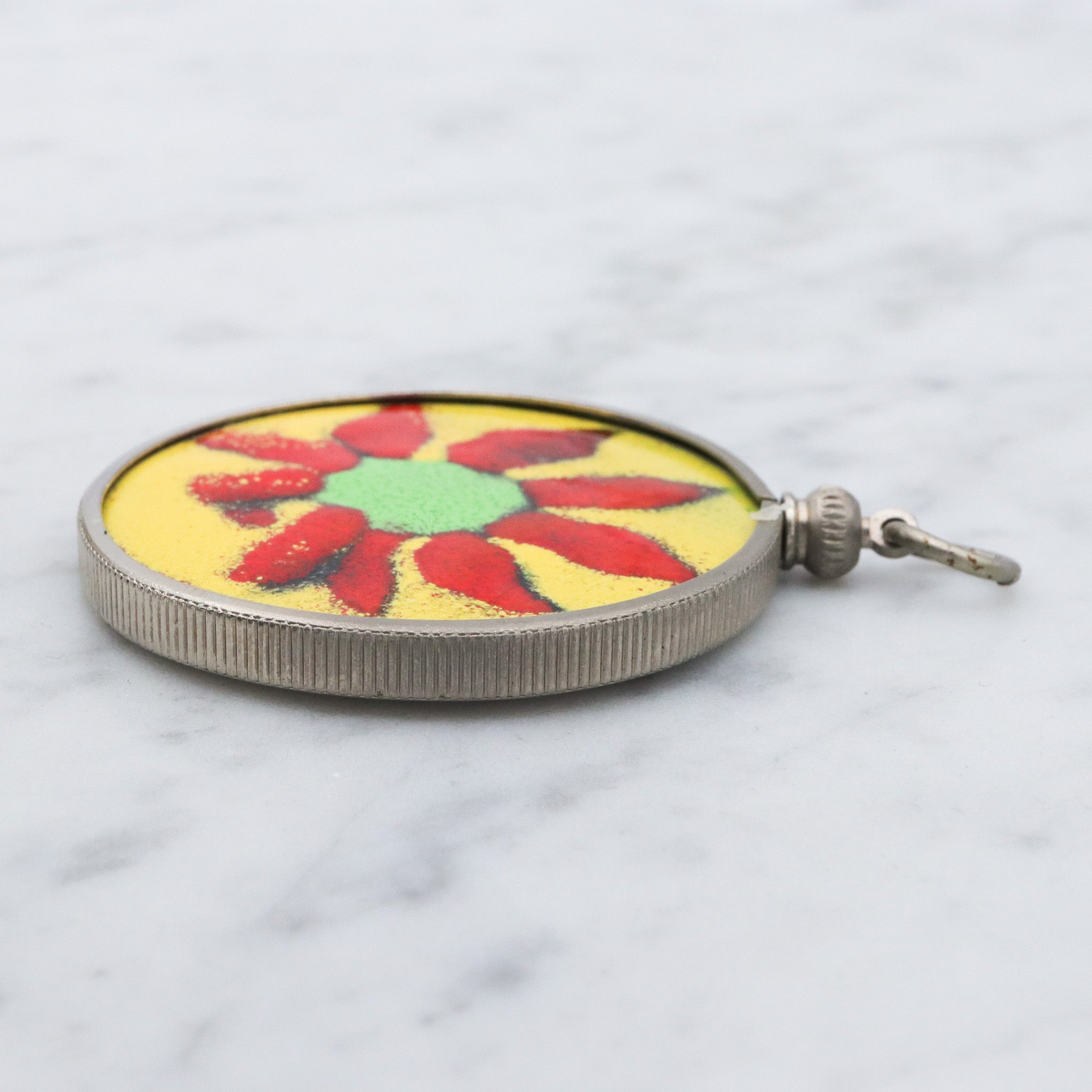 Retro handmade enameled copper double sided medallion pendant with butterfly & flower