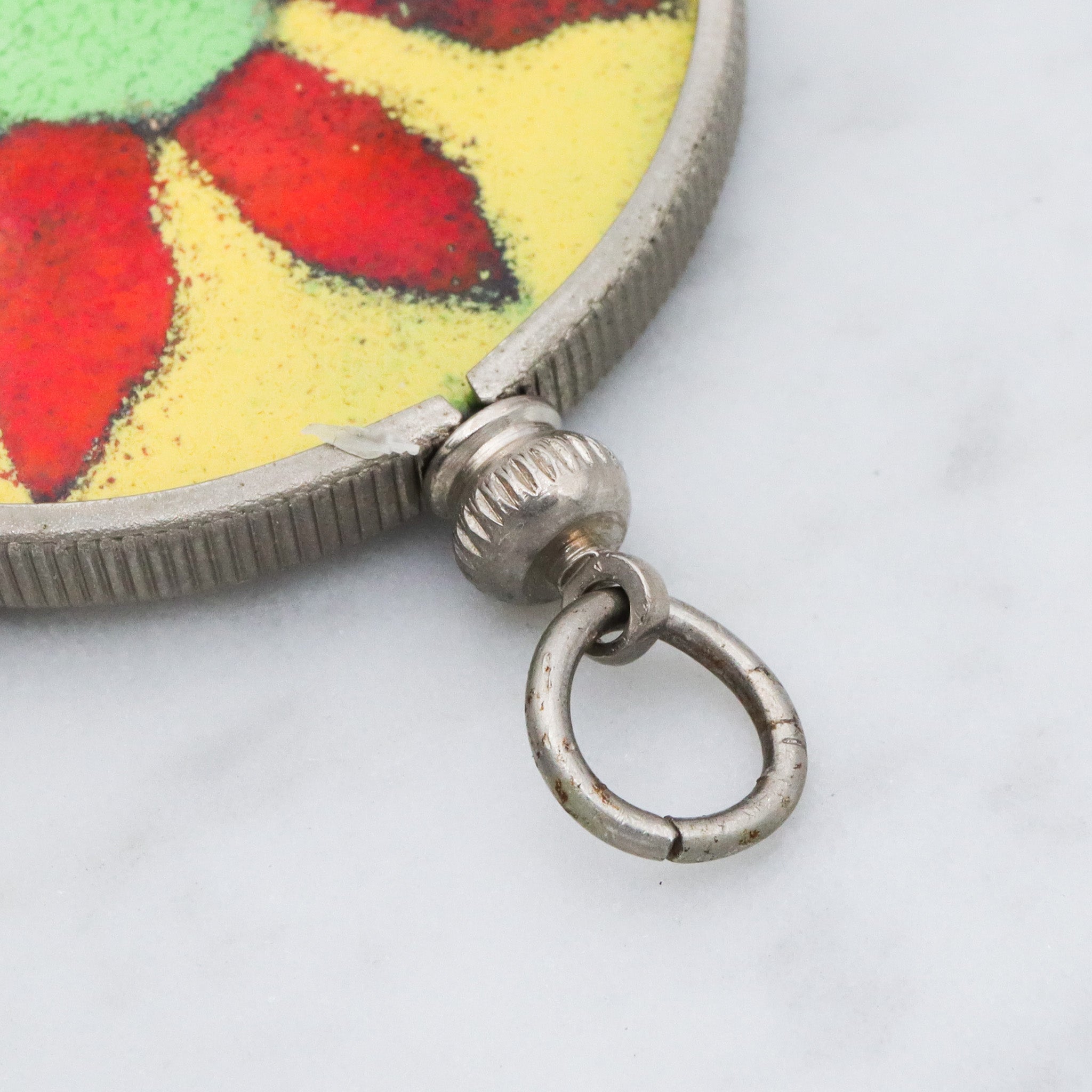 Retro handmade enameled copper double sided medallion pendant with butterfly & flower