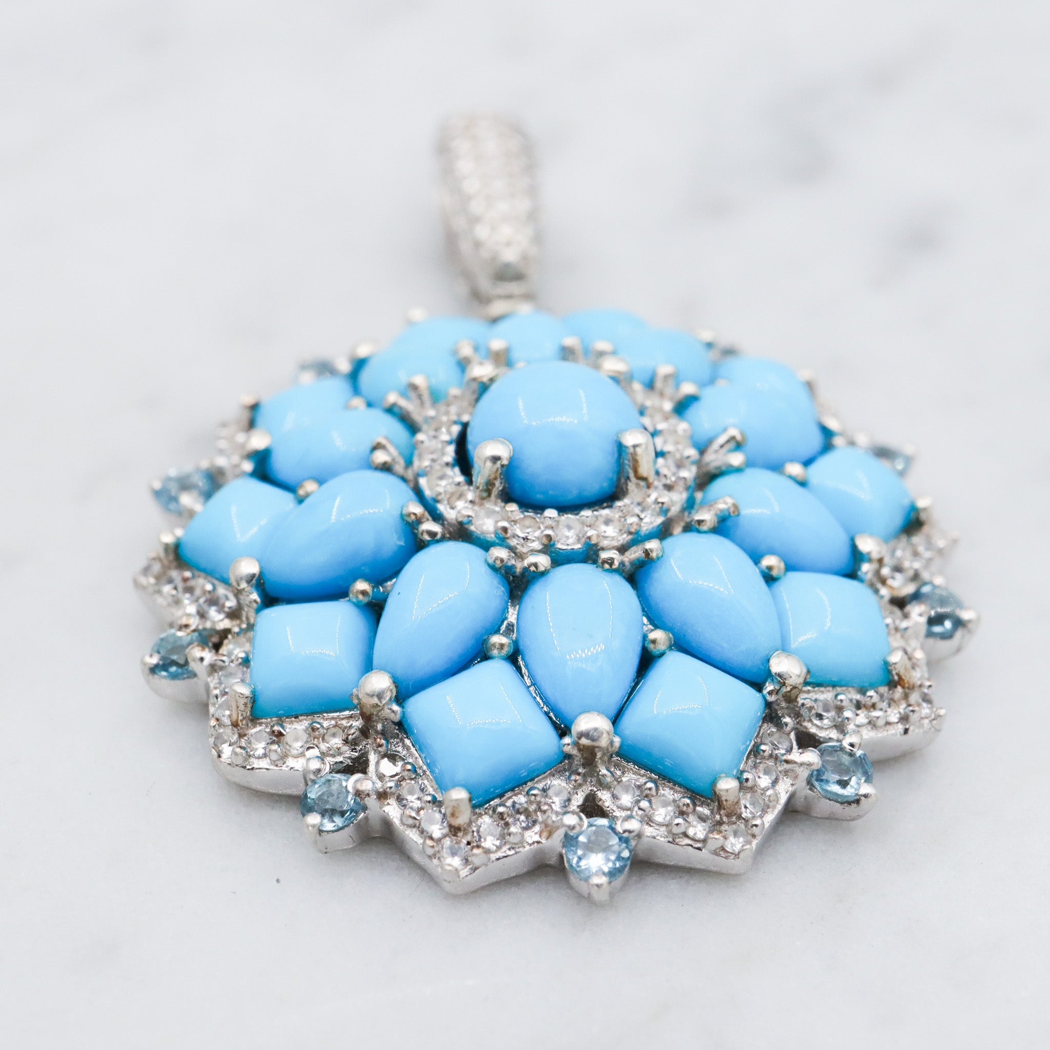 Vintage sterling silver turquoise, blue topaz, & zircon mandala pendant