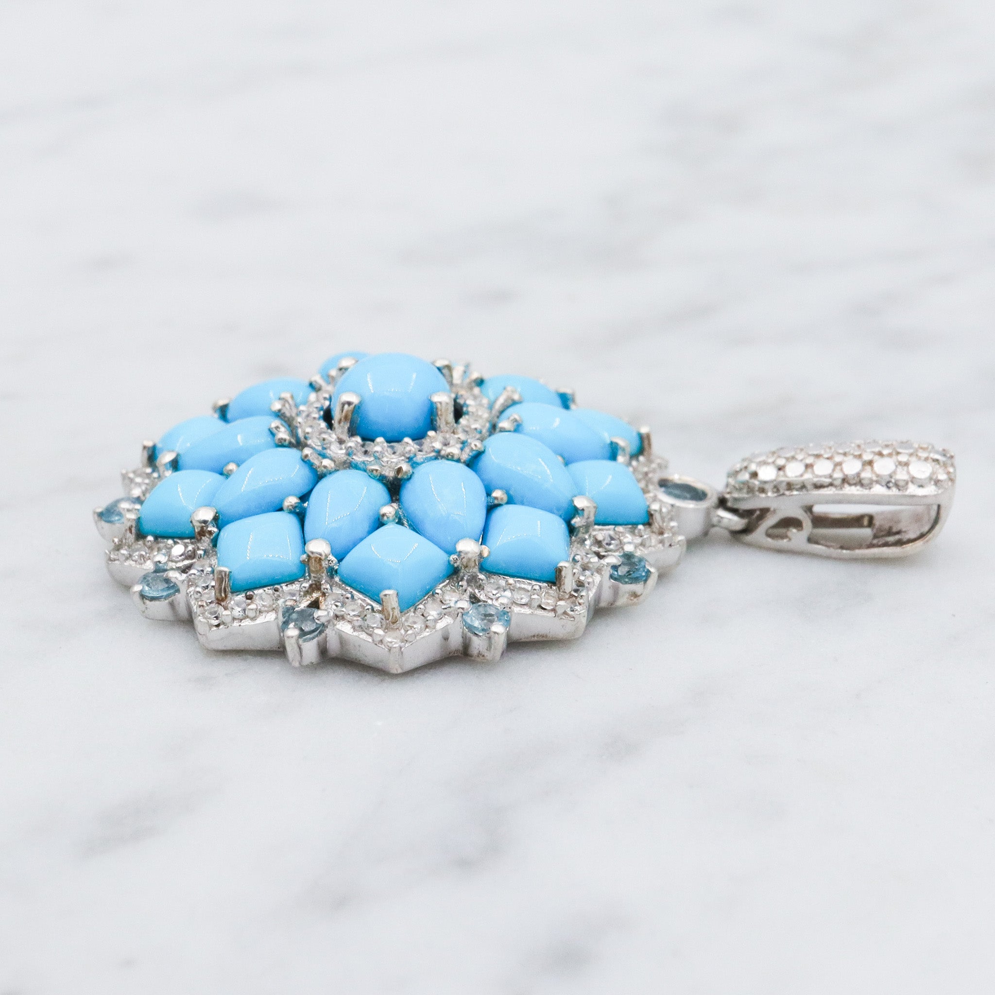 Vintage sterling silver turquoise, blue topaz, & zircon mandala pendant