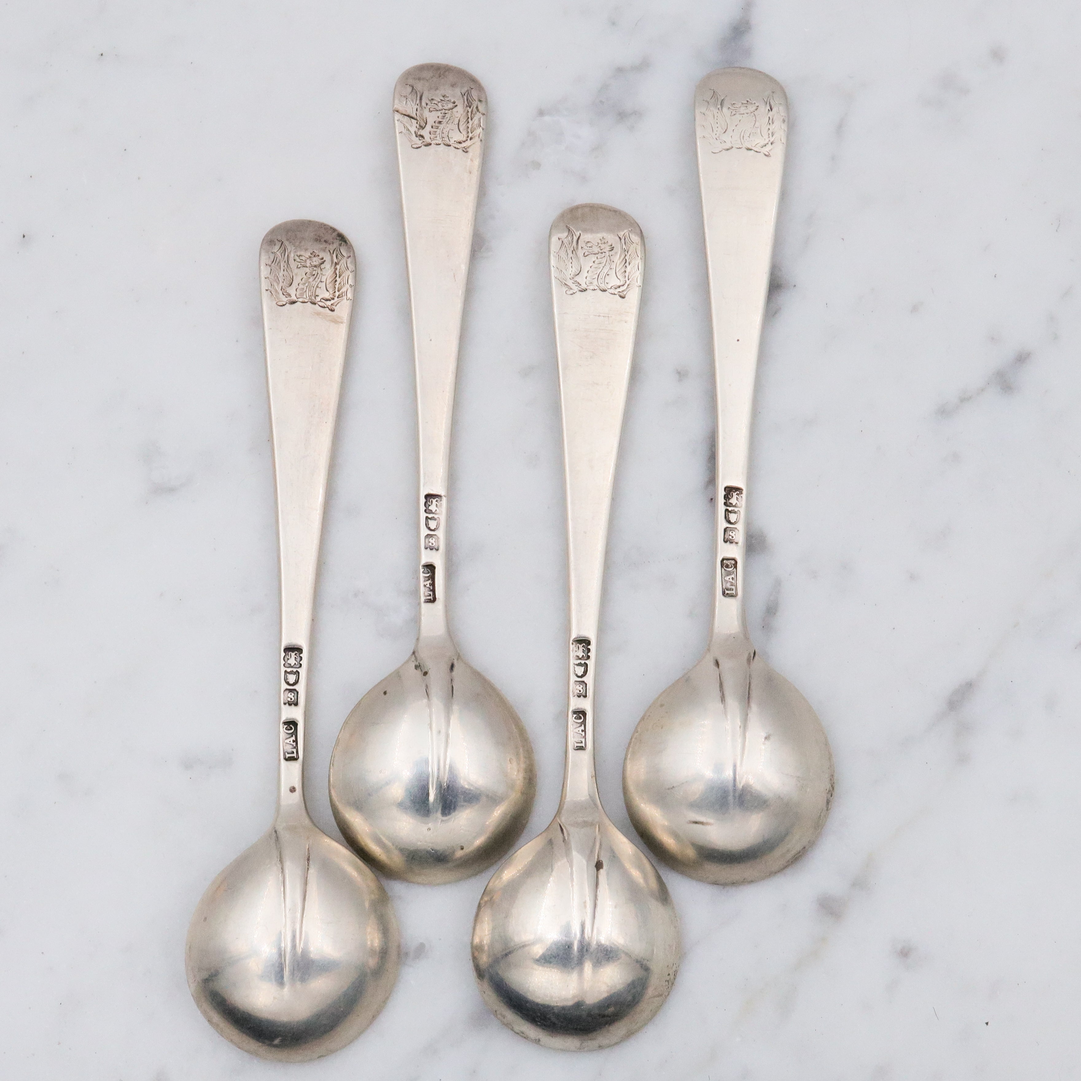 1913 Lionel Alfred Crichton Set Of 4 London Sterling Silver Salt Spoons with Old Dragon Engraving