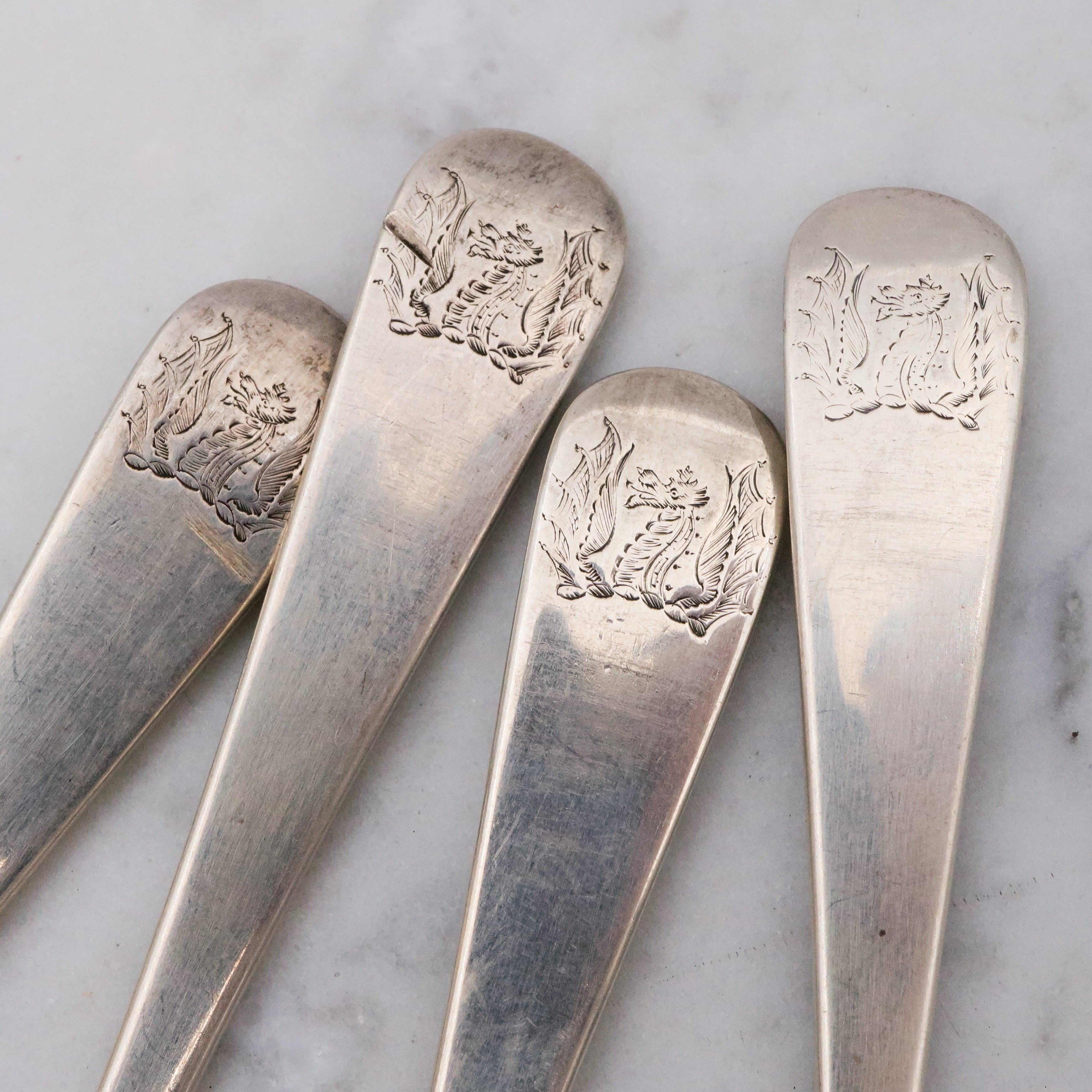 1913 Lionel Alfred Crichton Set Of 4 London Sterling Silver Salt Spoons with Old Dragon Engraving