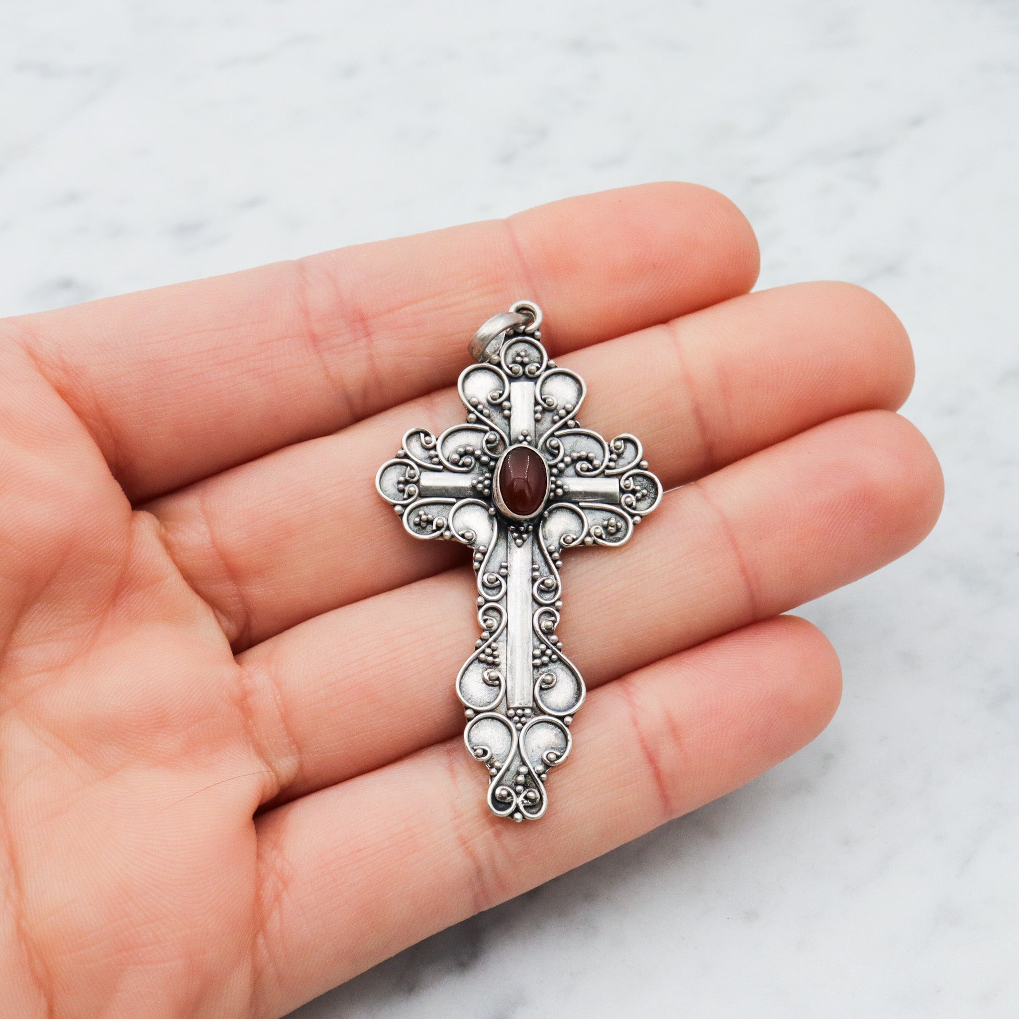 Vintage sterling silver & carnelian fancy scroll cross pendant