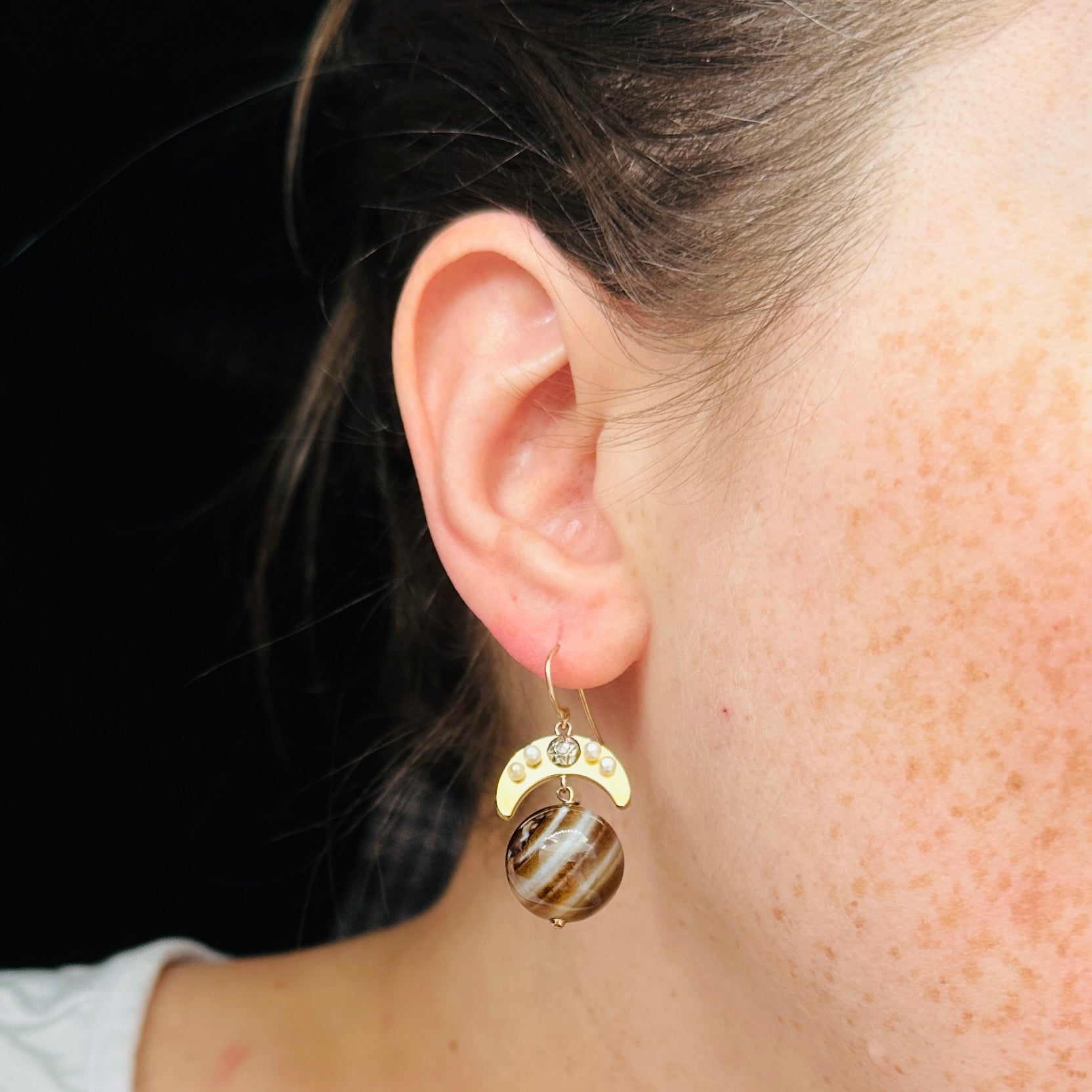 Antique Victorian 14k gold Scottish banded agate orb & rose cut diamond earrings