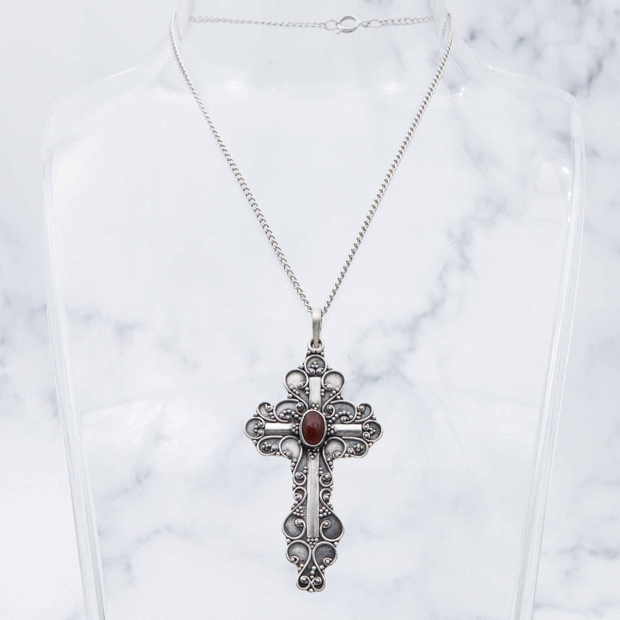 Vintage sterling silver & carnelian fancy scroll cross pendant