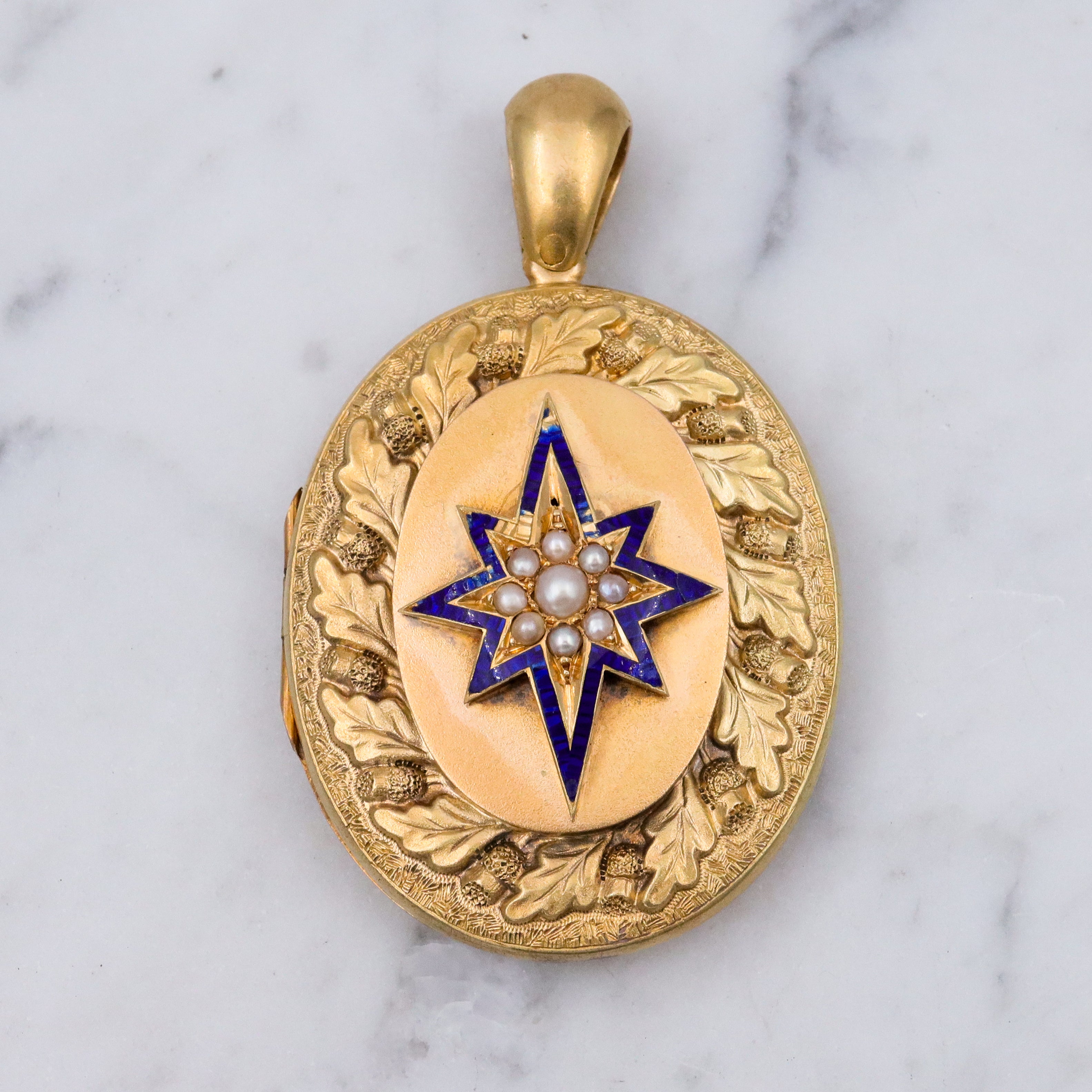 Large Antique Victorian 14k gold locket w/blue enamel star & split pearls
