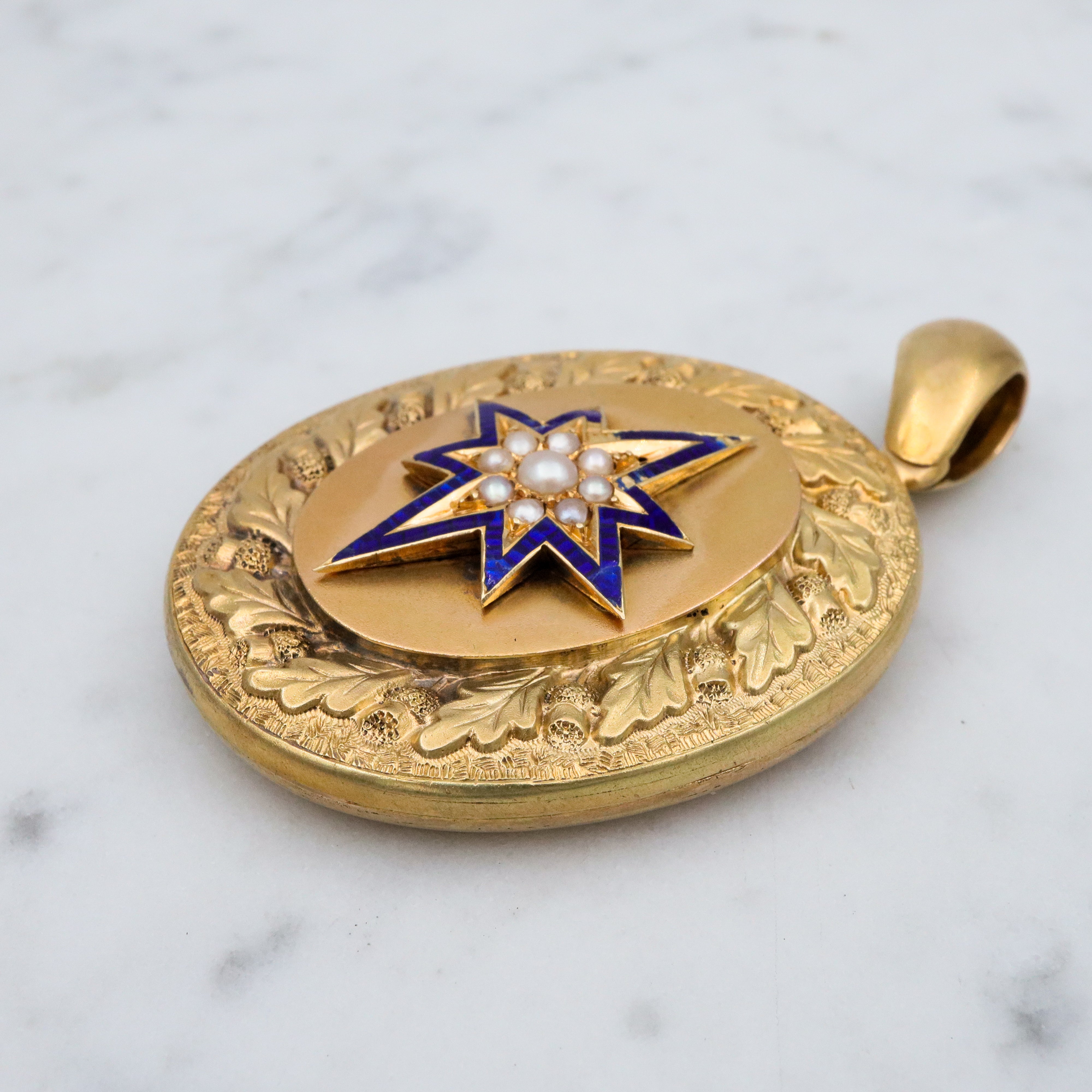 Large Antique Victorian 14k gold locket w/blue enamel star & split pearls