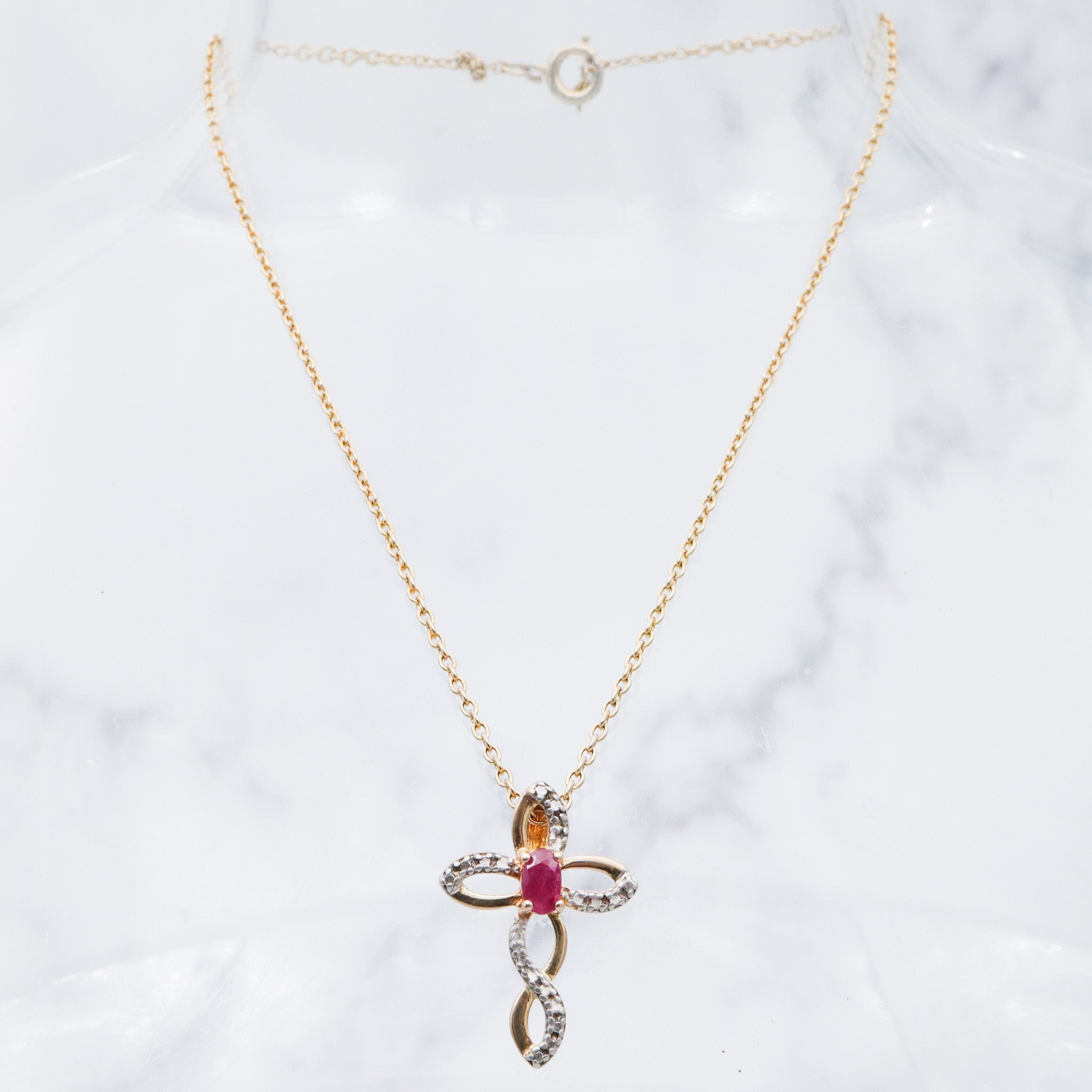 Vintage two toned sterling silver ruby & diamond cross pendant