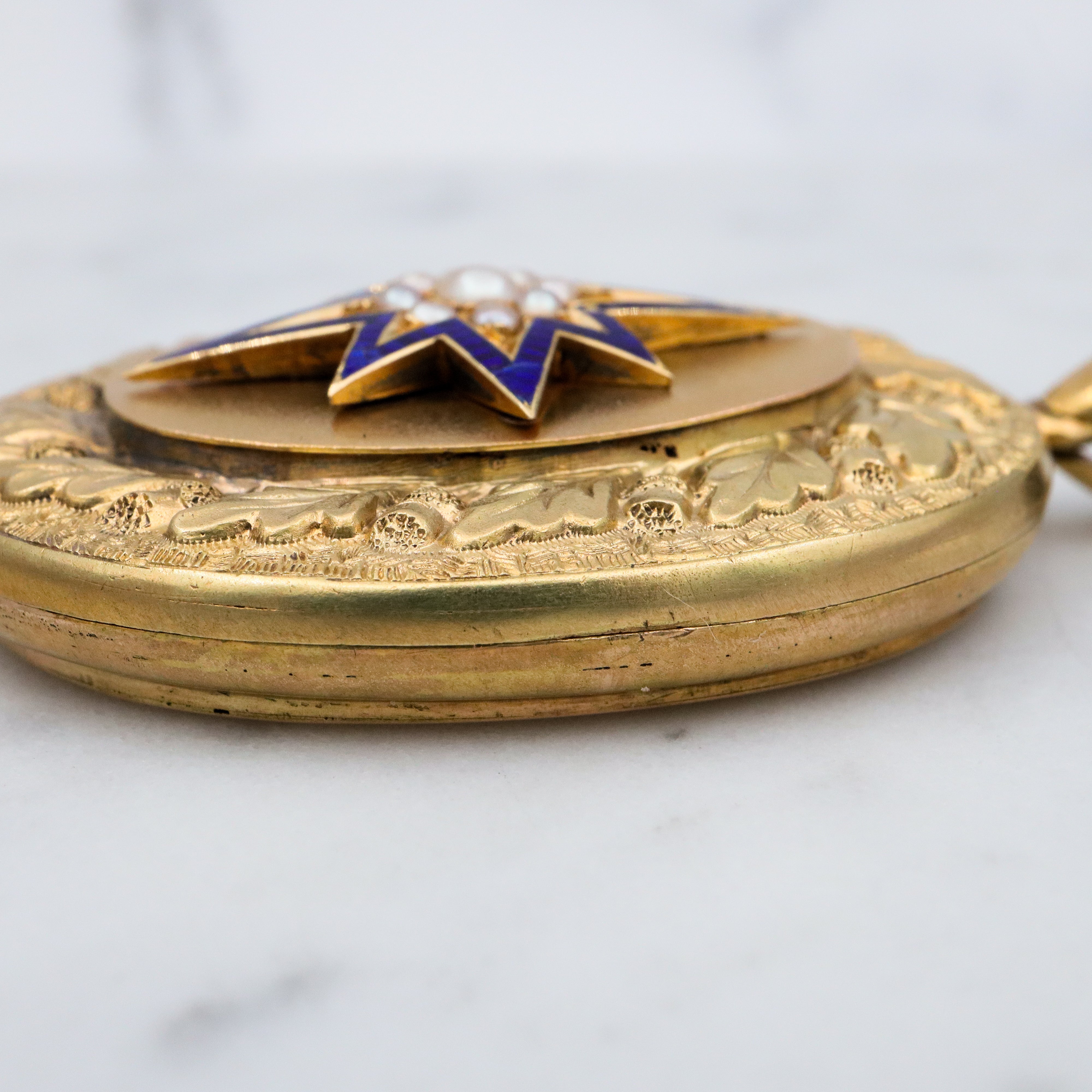 Large Antique Victorian 14k gold locket w/blue enamel star & split pearls