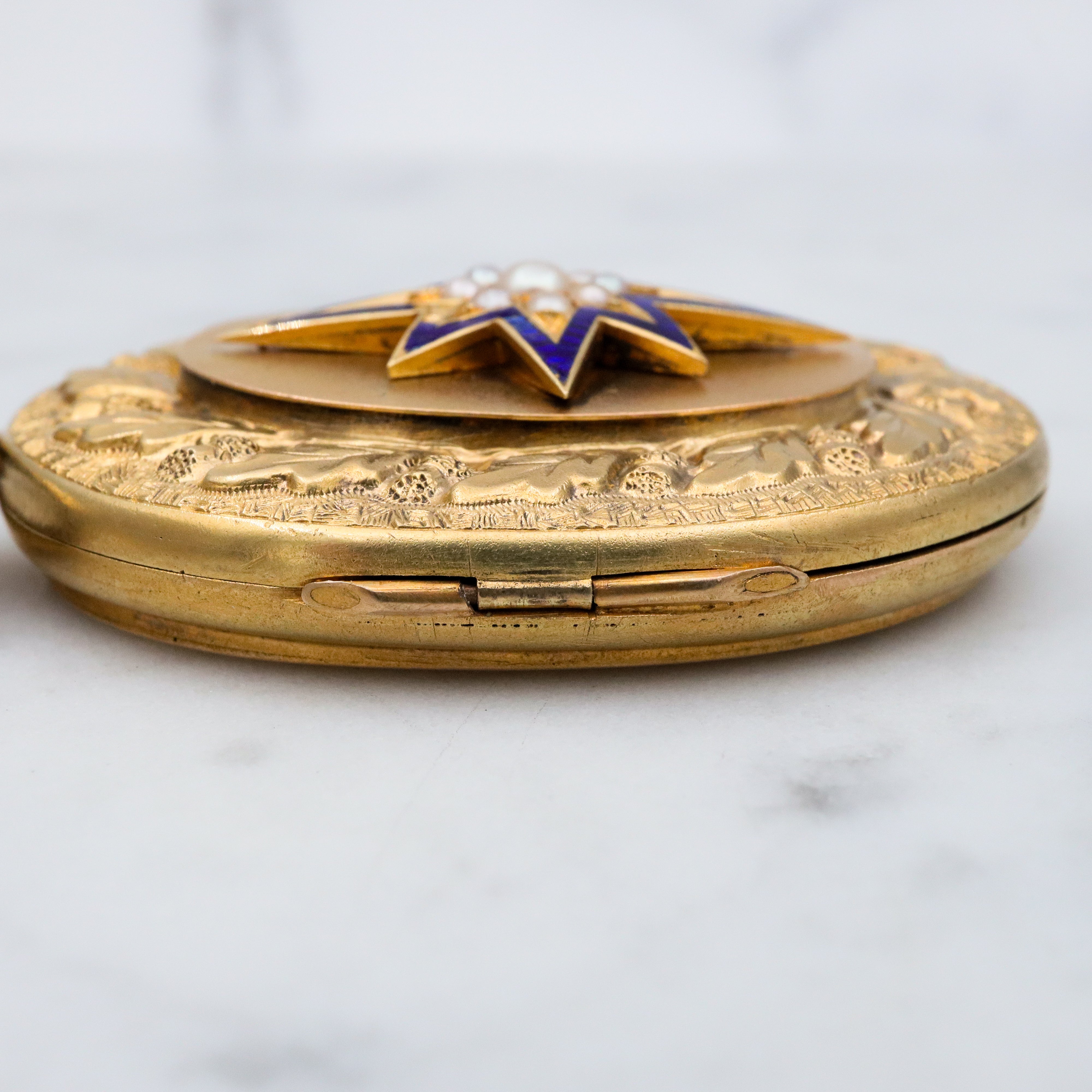 Large Antique Victorian 14k gold locket w/blue enamel star & split pearls