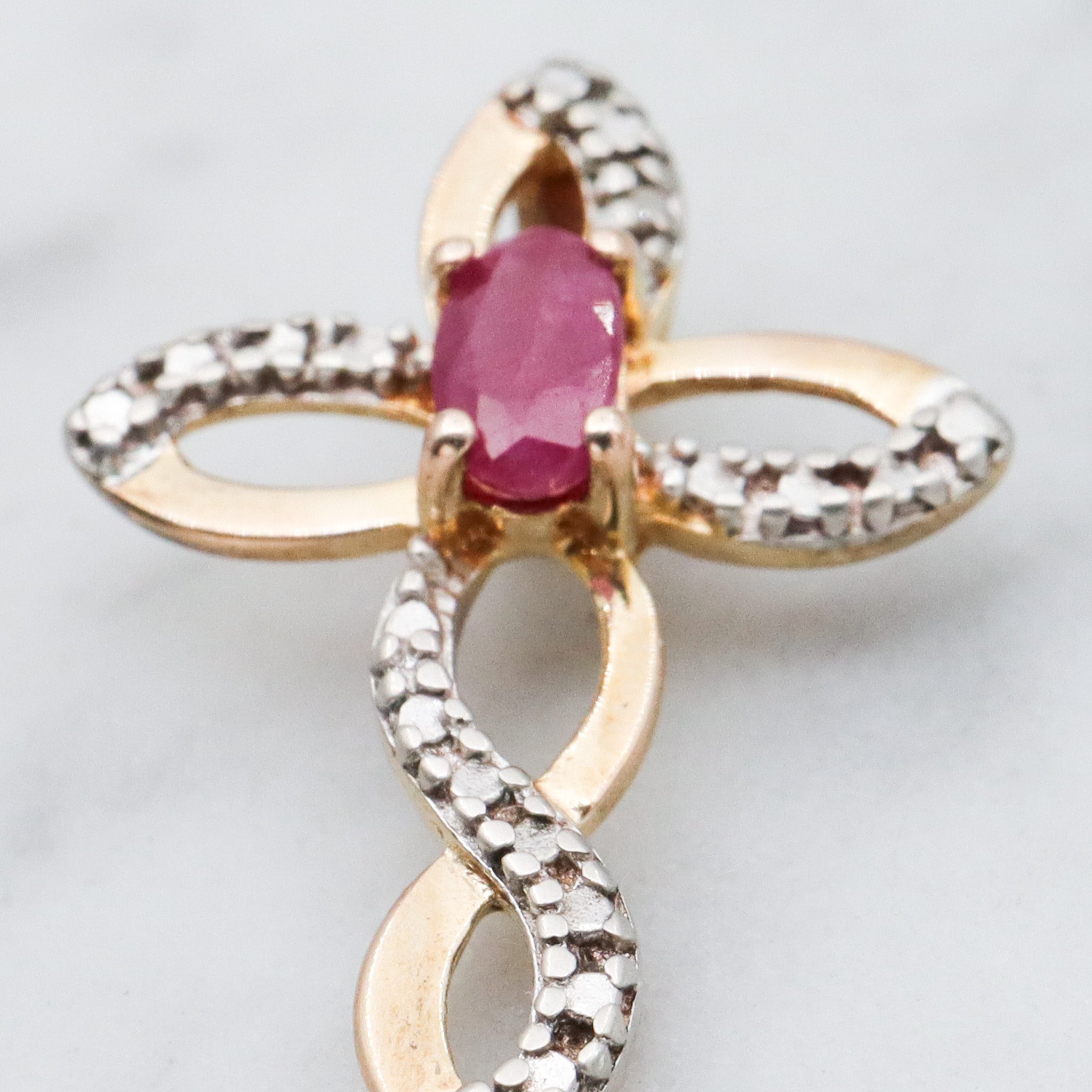 Vintage two toned sterling silver ruby & diamond cross pendant