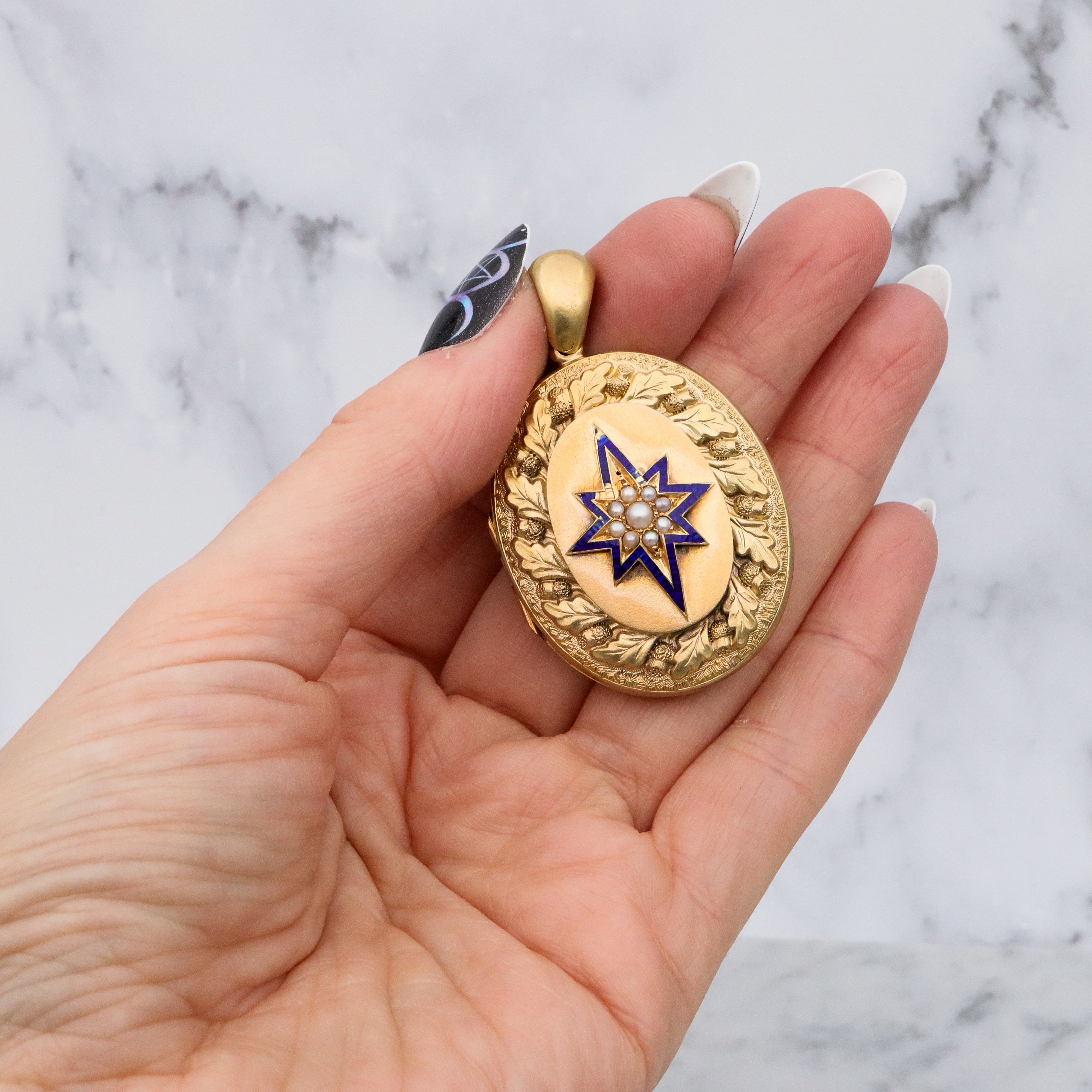 Large Antique Victorian 14k gold locket w/blue enamel star & split pearls