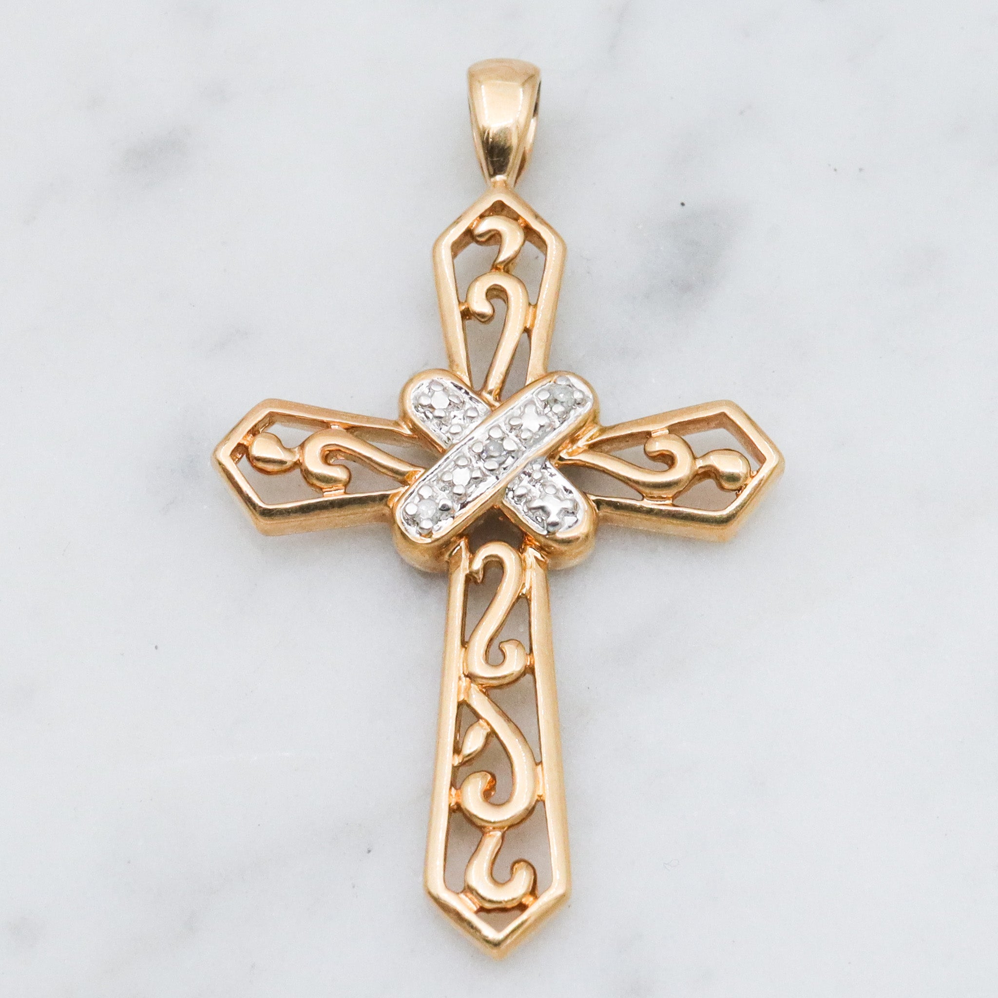 Vintage gold plated sterling silver filigree cross pendant with diamond accents