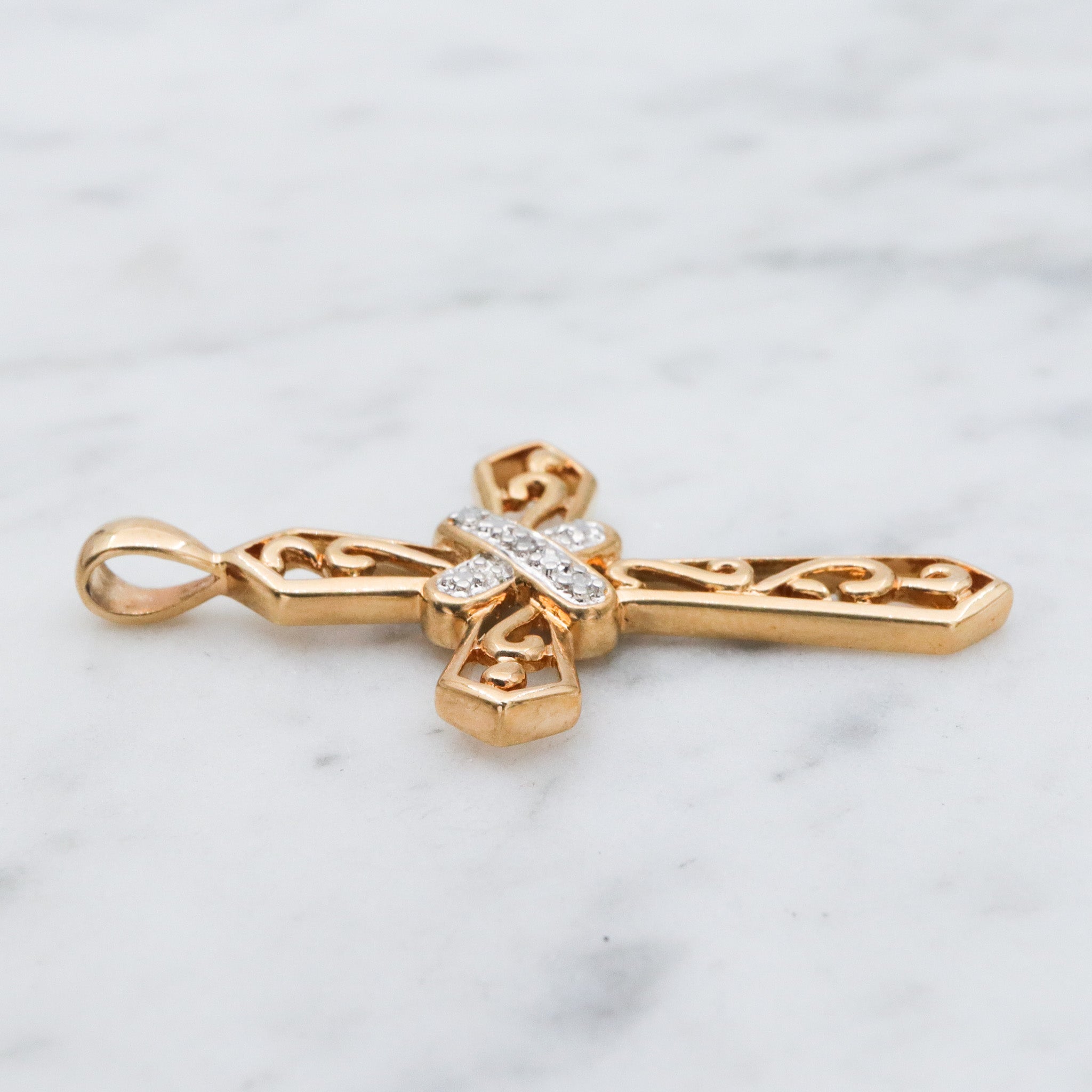 Vintage gold plated sterling silver filigree cross pendant with diamond accents