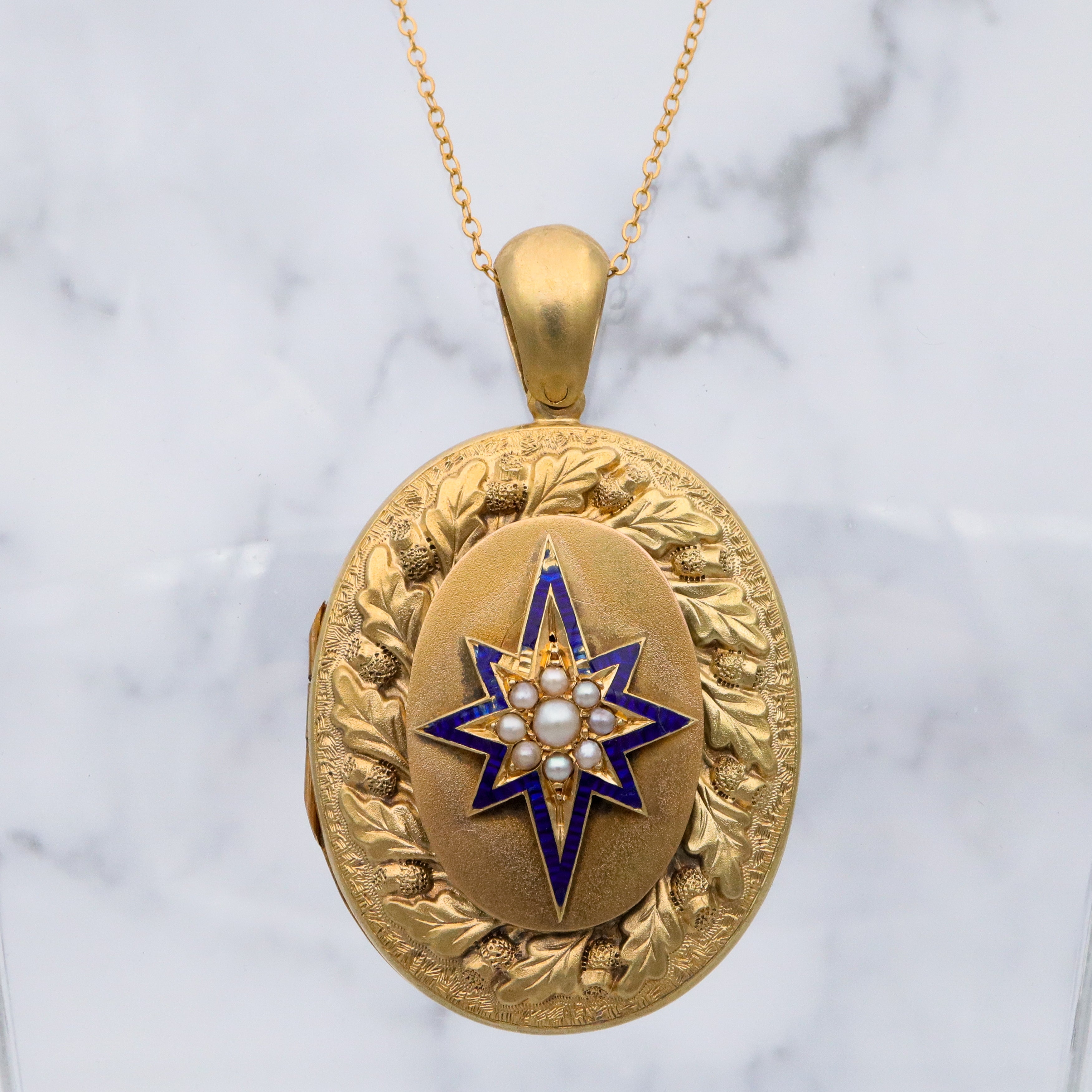 Large Antique Victorian 14k gold locket w/blue enamel star & split pearls