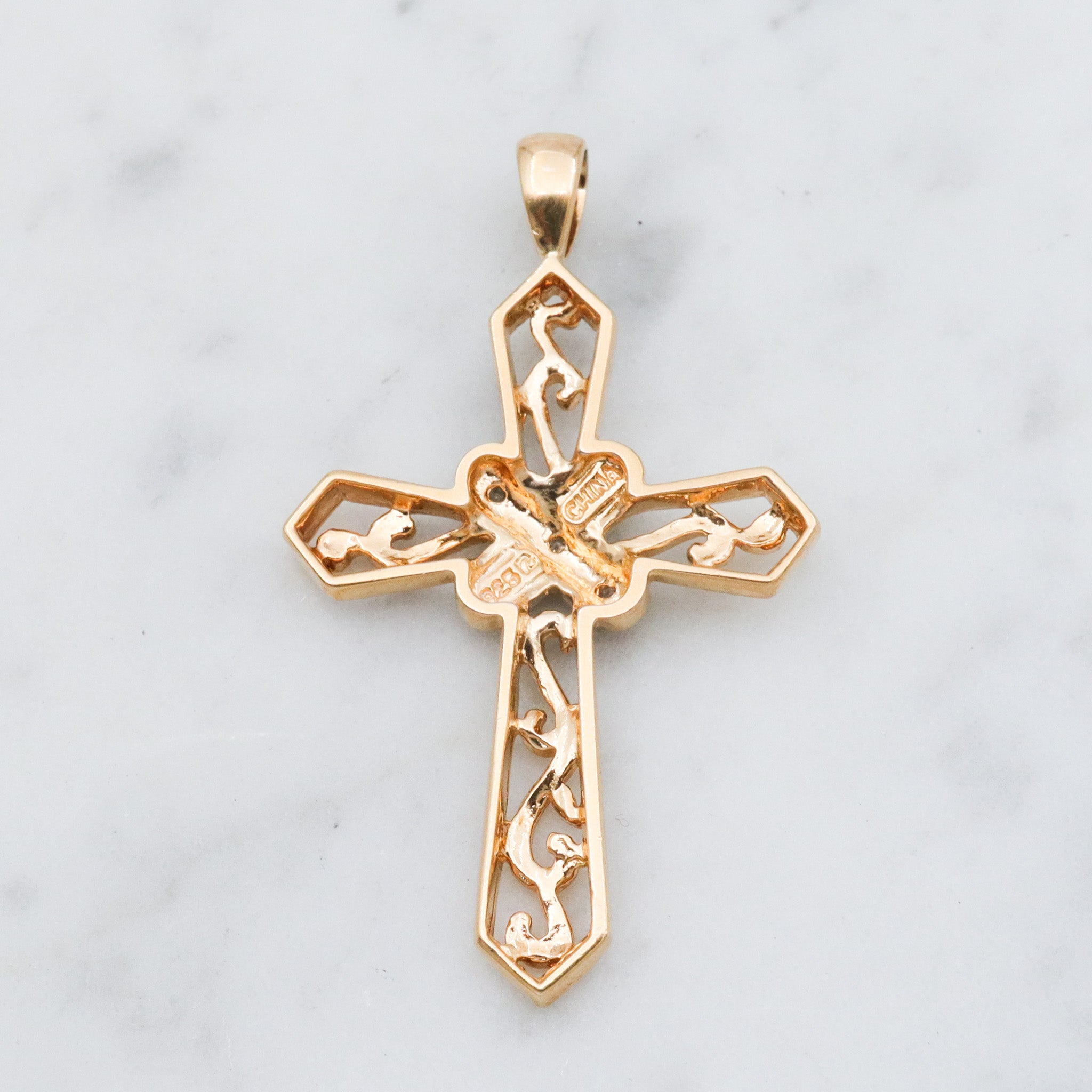 Vintage gold plated sterling silver filigree cross pendant with diamond accents