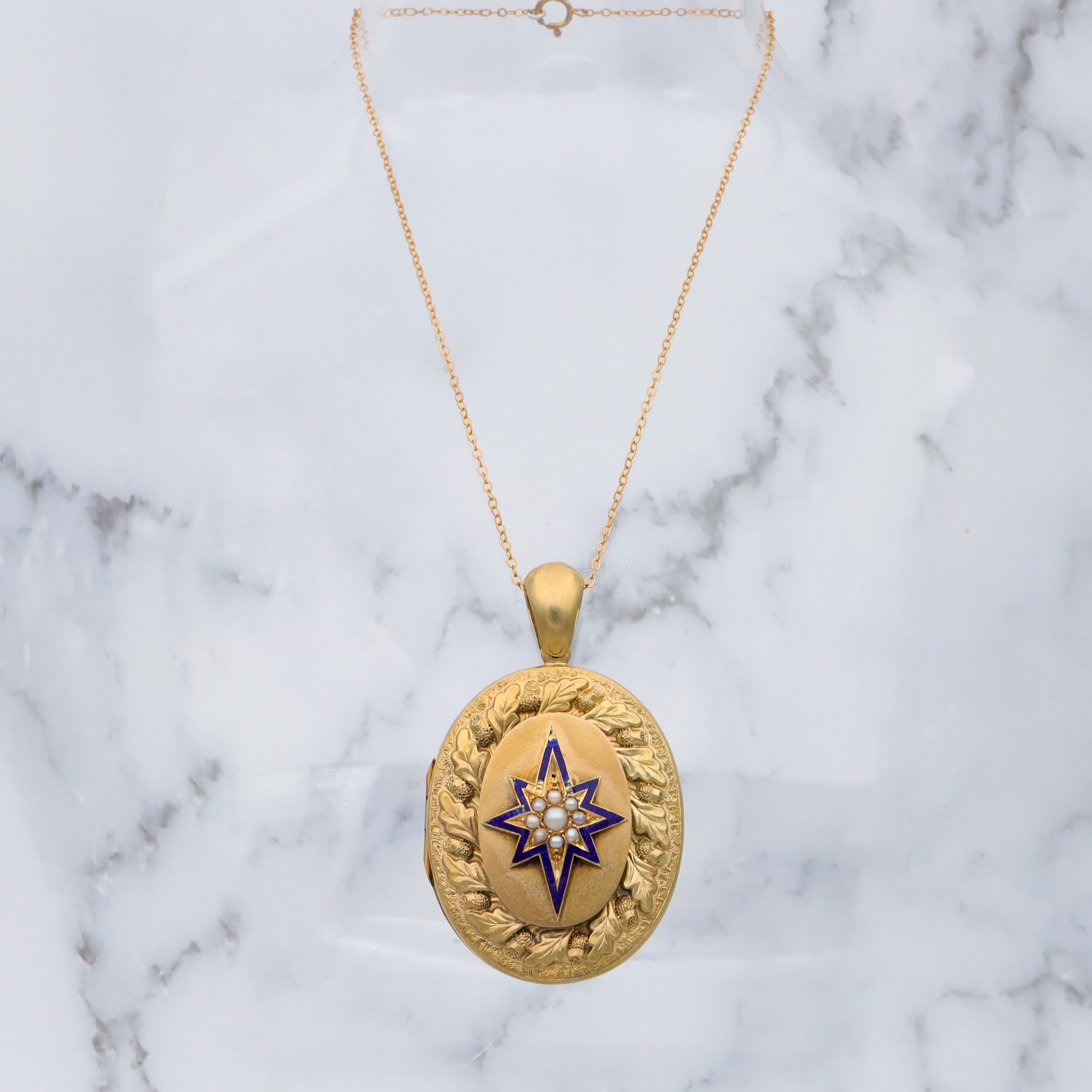 Large Antique Victorian 14k gold locket w/blue enamel star & split pearls