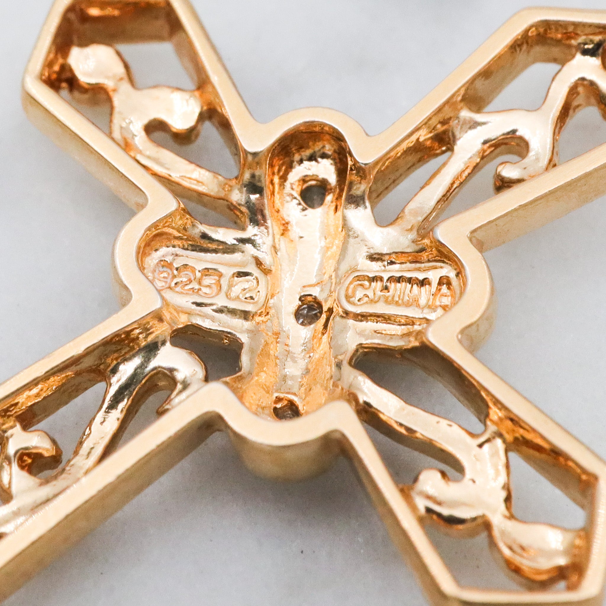 Vintage gold plated sterling silver filigree cross pendant with diamond accents