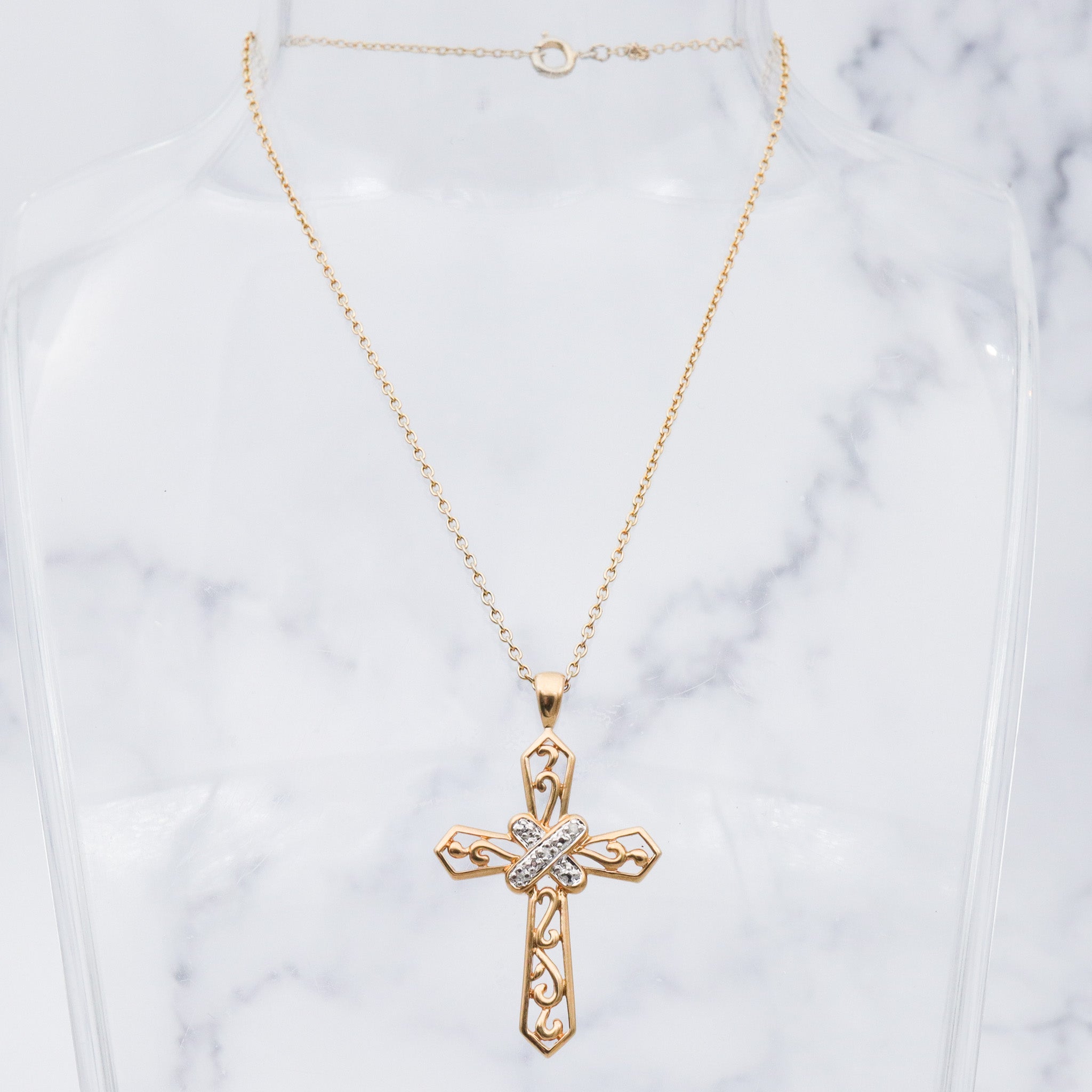 Vintage gold plated sterling silver filigree cross pendant with diamond accents