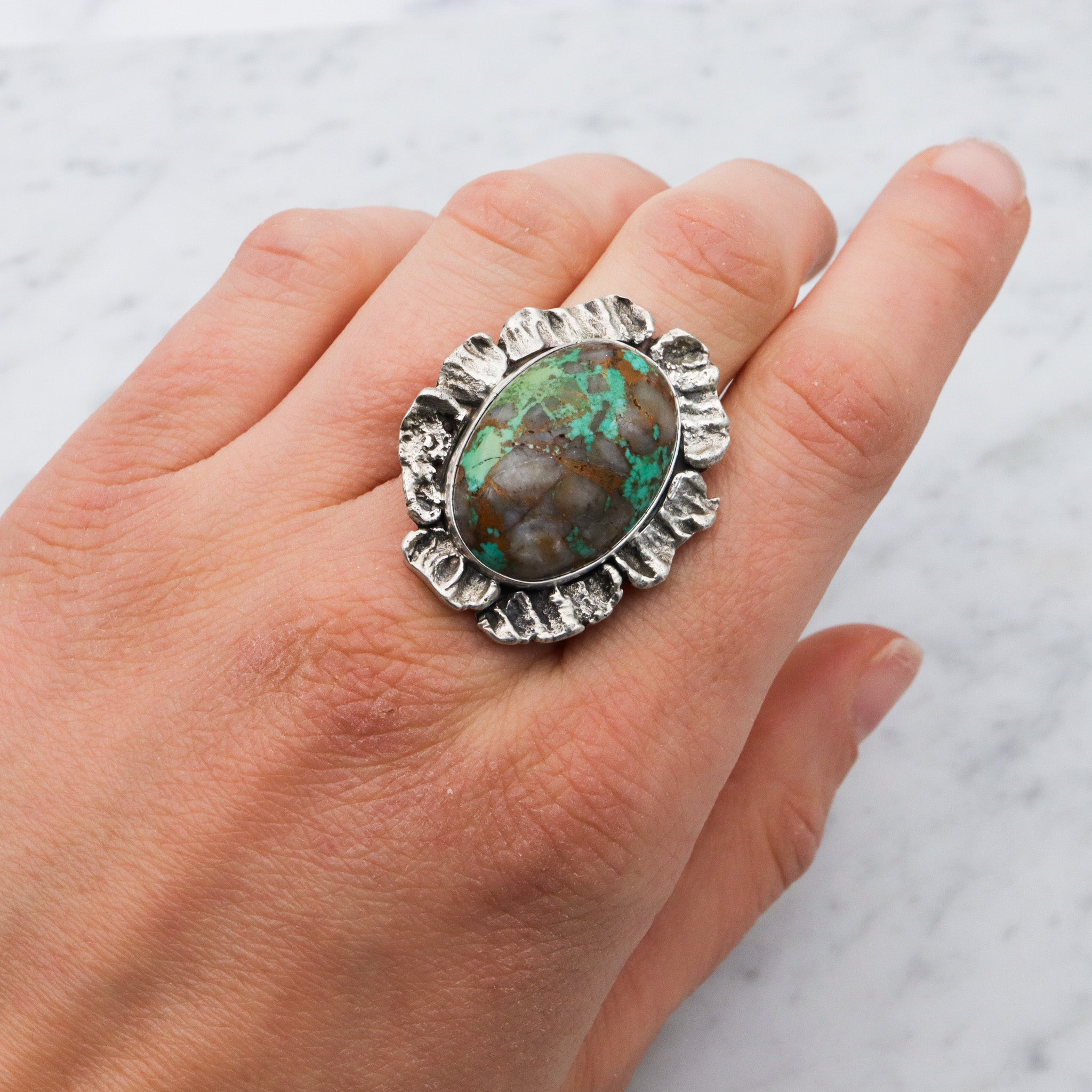 Vintage Navajo Brutalist sterling silver & turquoise ring by Ronald Tom, sz 8