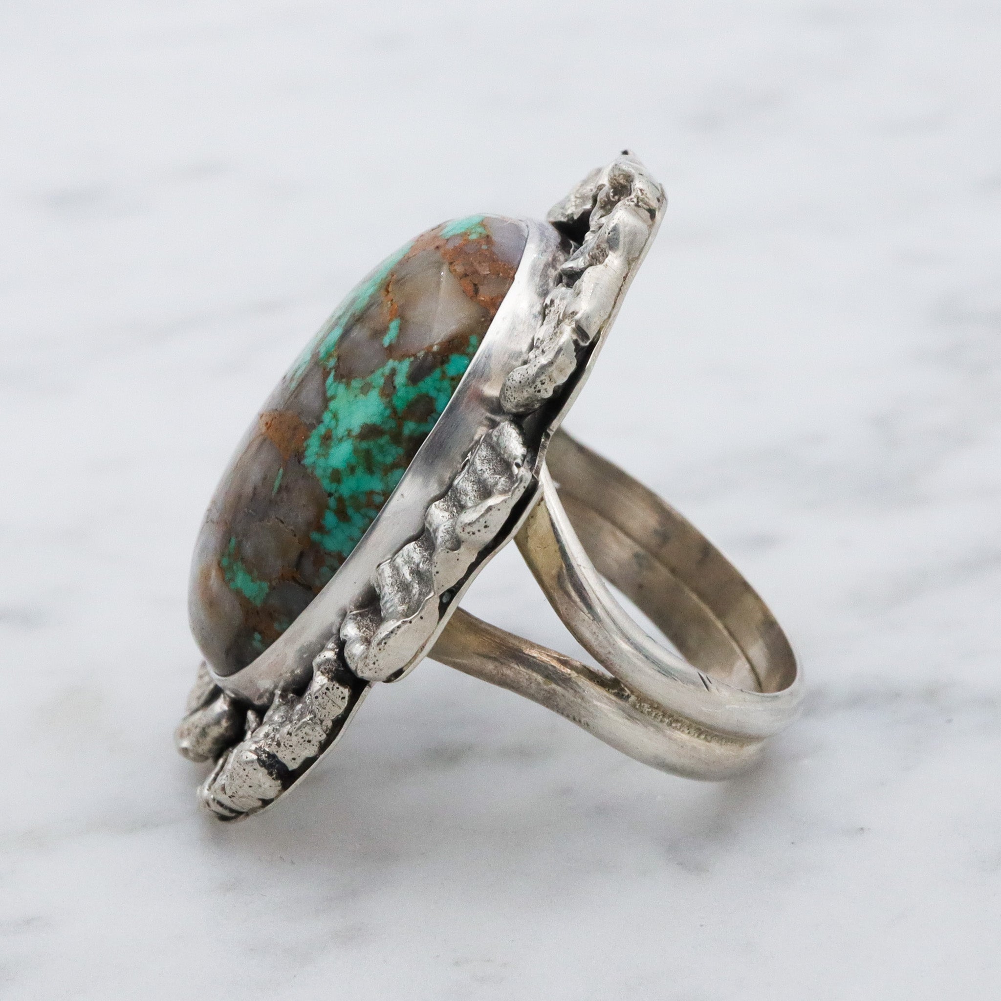 Vintage Navajo Brutalist sterling silver & turquoise ring by Ronald Tom, sz 8