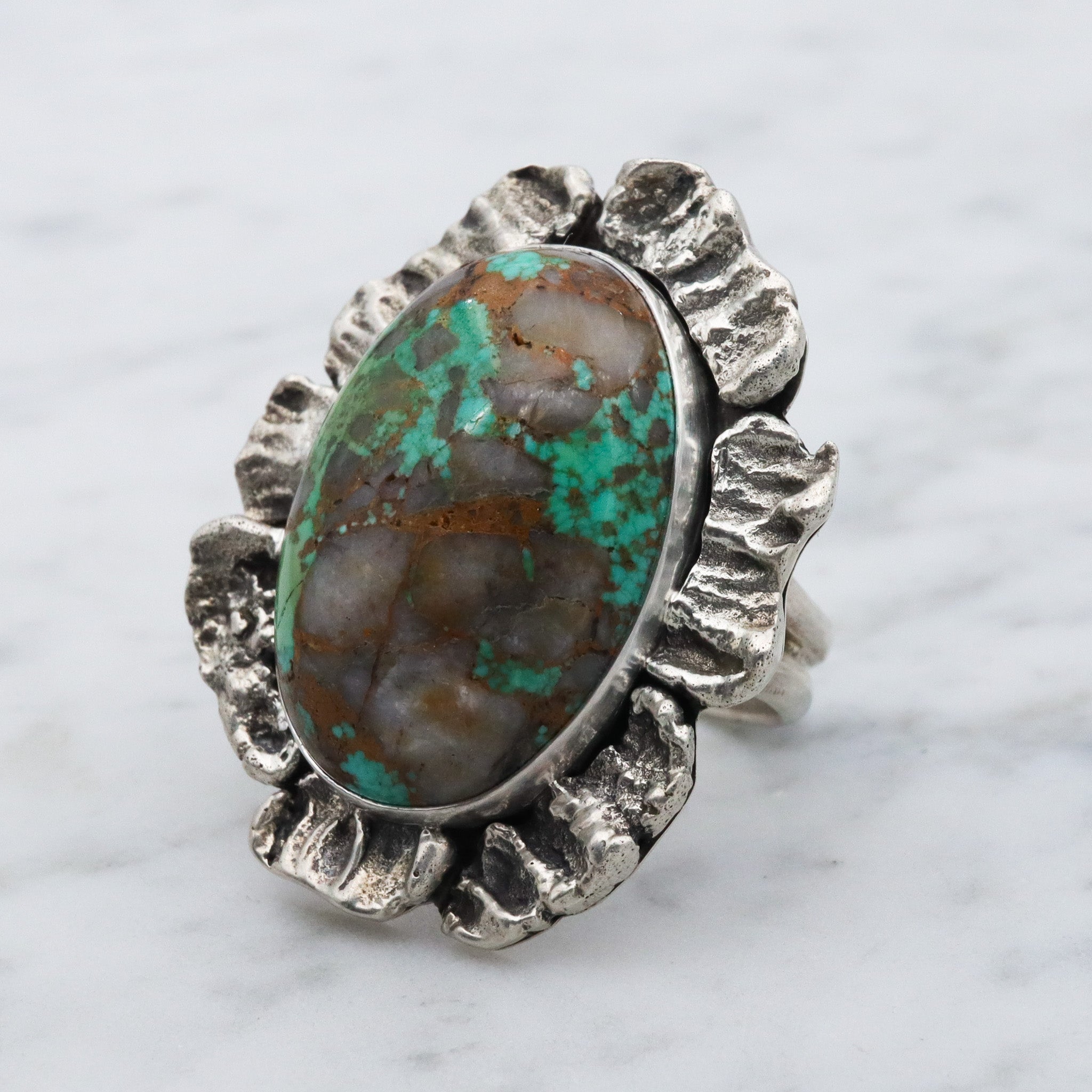 Vintage Navajo Brutalist sterling silver & turquoise ring by Ronald Tom, sz 8