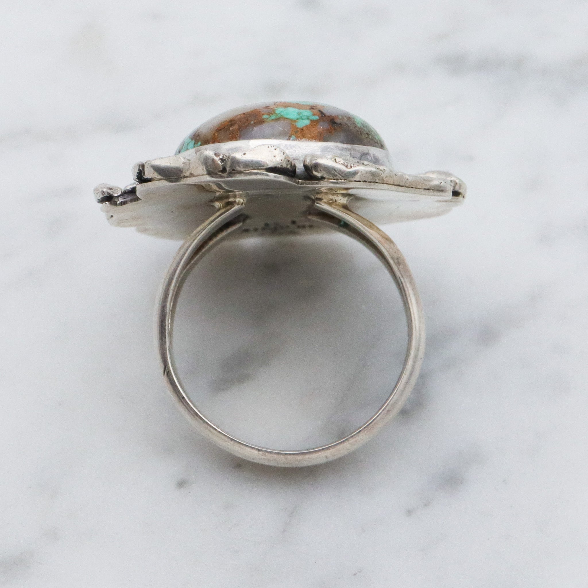 Vintage Navajo Brutalist sterling silver & turquoise ring by Ronald Tom, sz 8