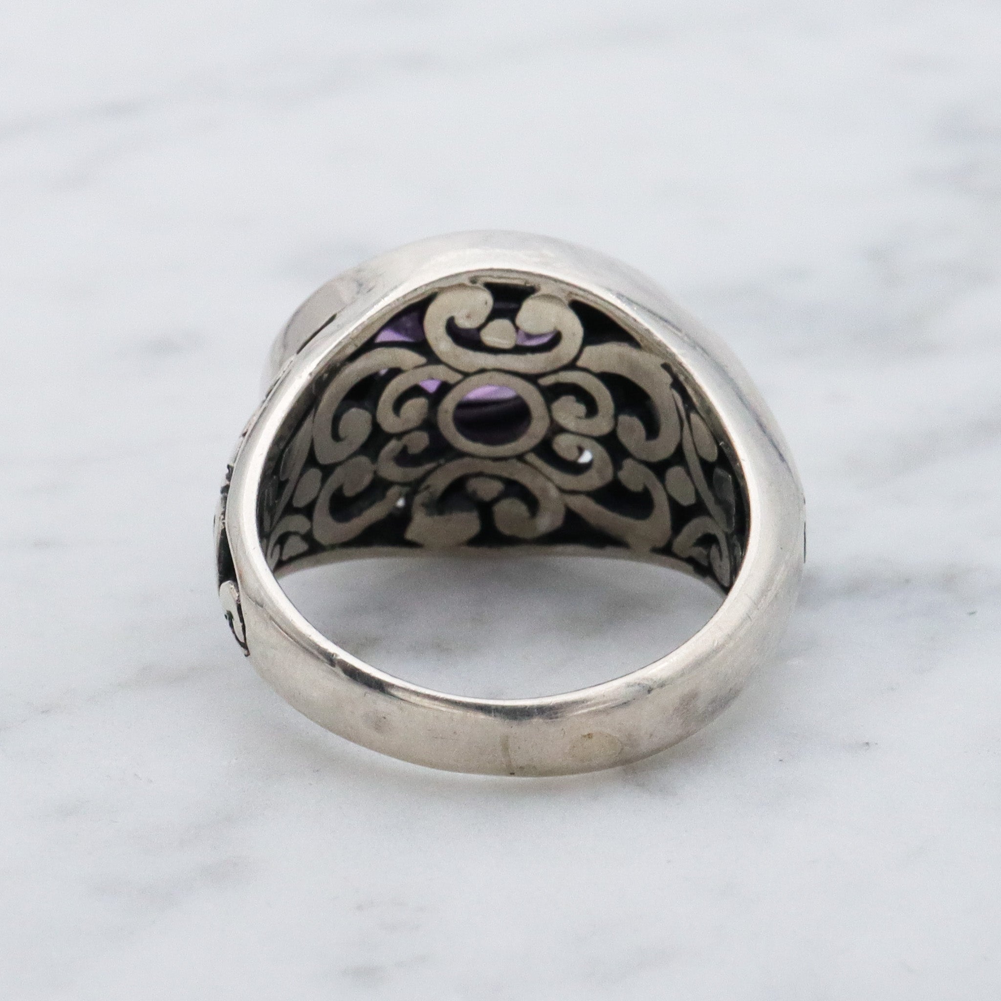 Vintage sterling silver amethyst scroll cut out ring, sz 6