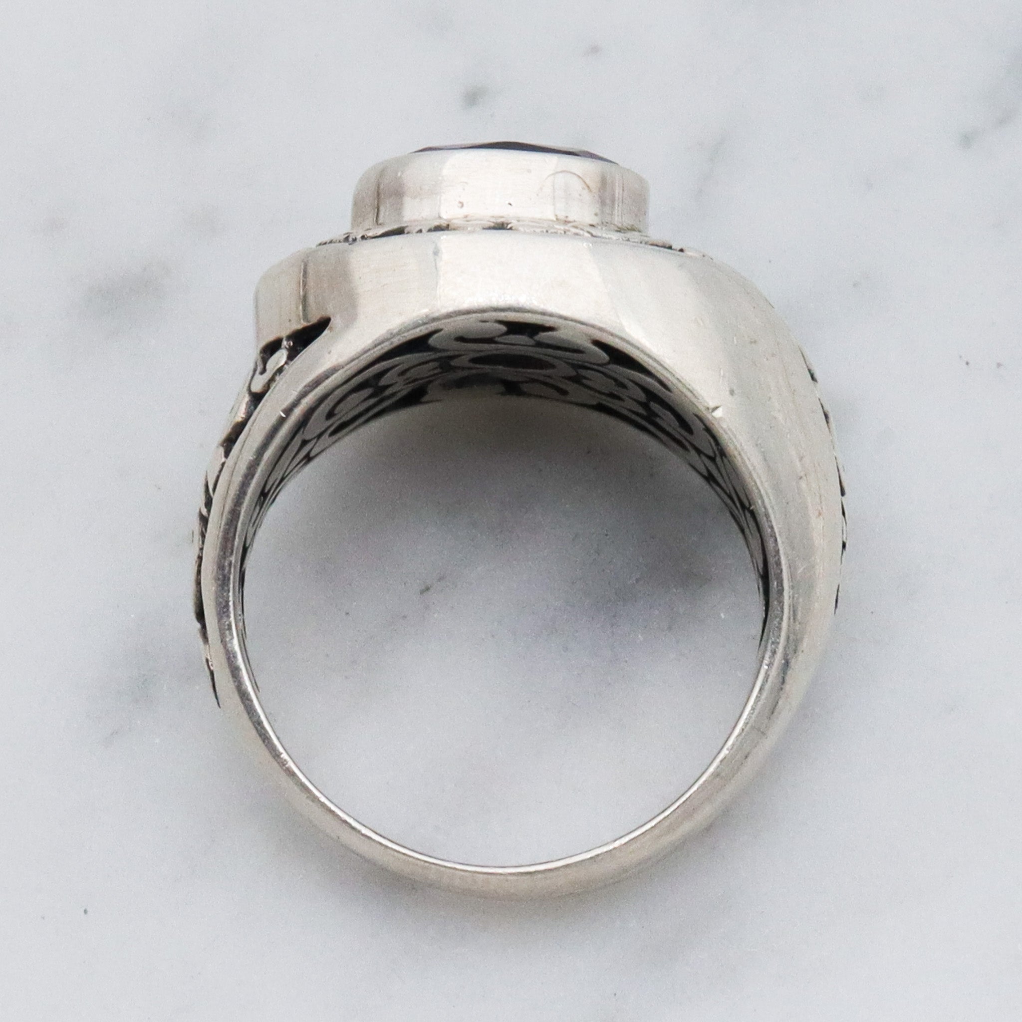 Vintage sterling silver amethyst scroll cut out ring, sz 6