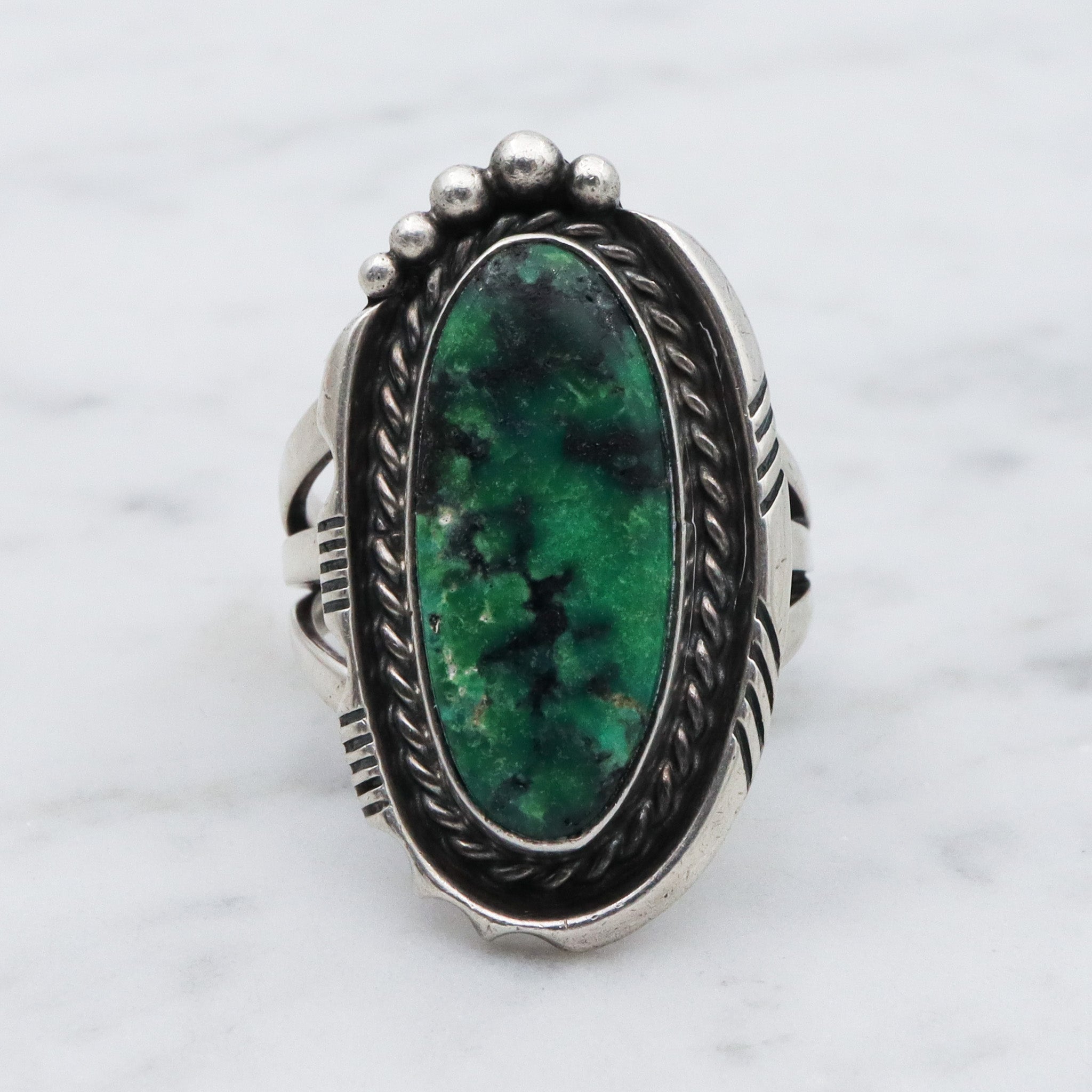 Native American sterling silver green turquoise navette ring , sz 7.5