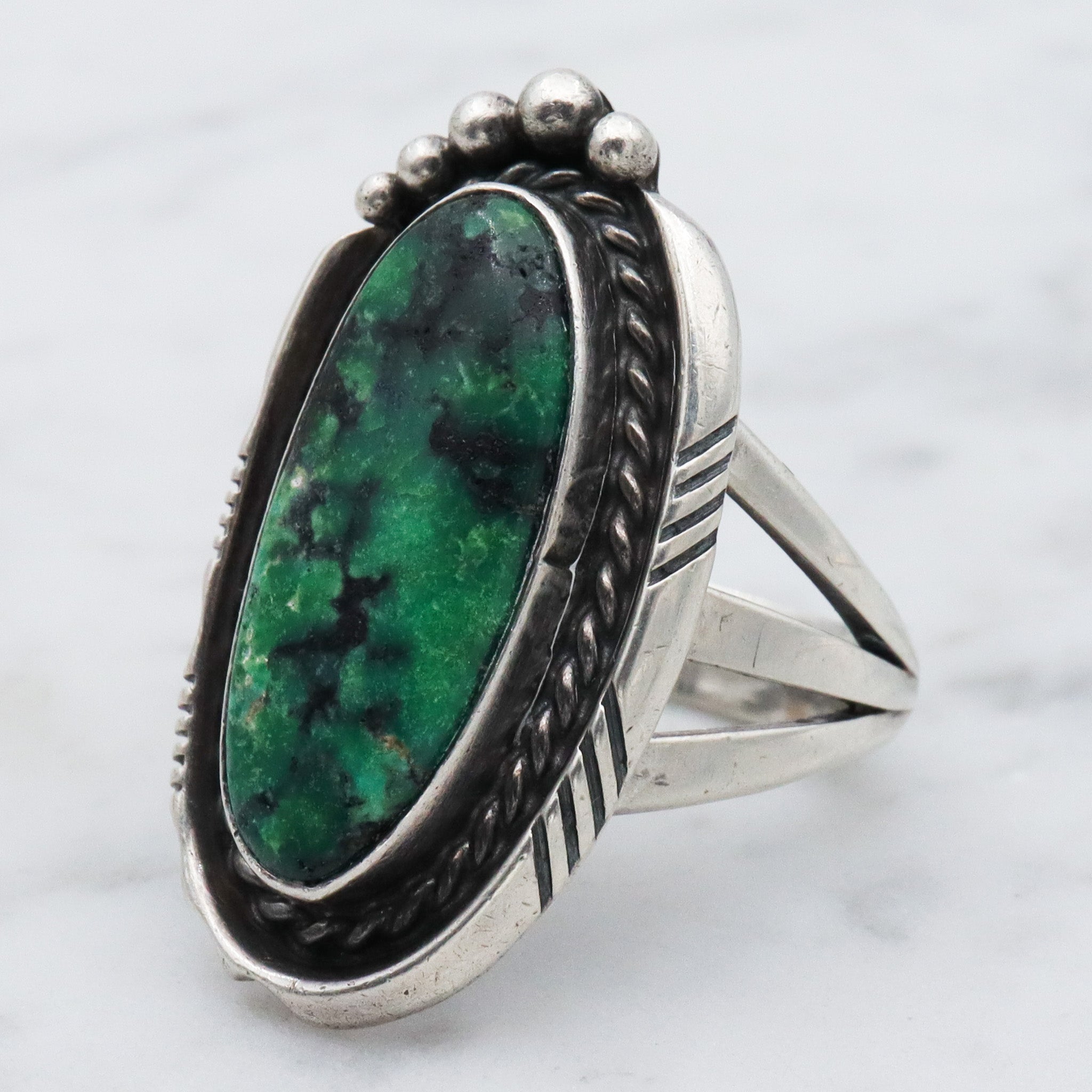 Native American sterling silver green turquoise navette ring , sz 7.5