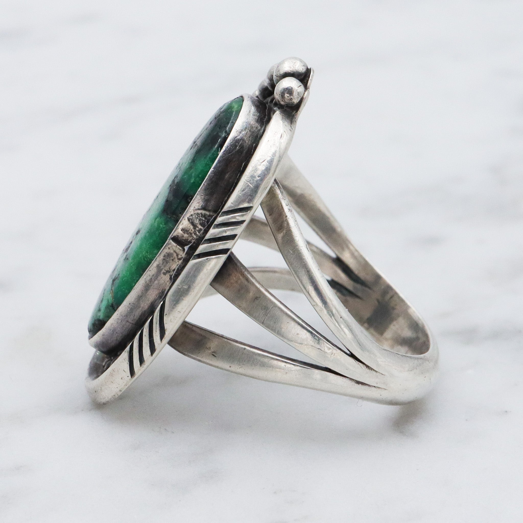 Native American sterling silver green turquoise navette ring , sz 7.5