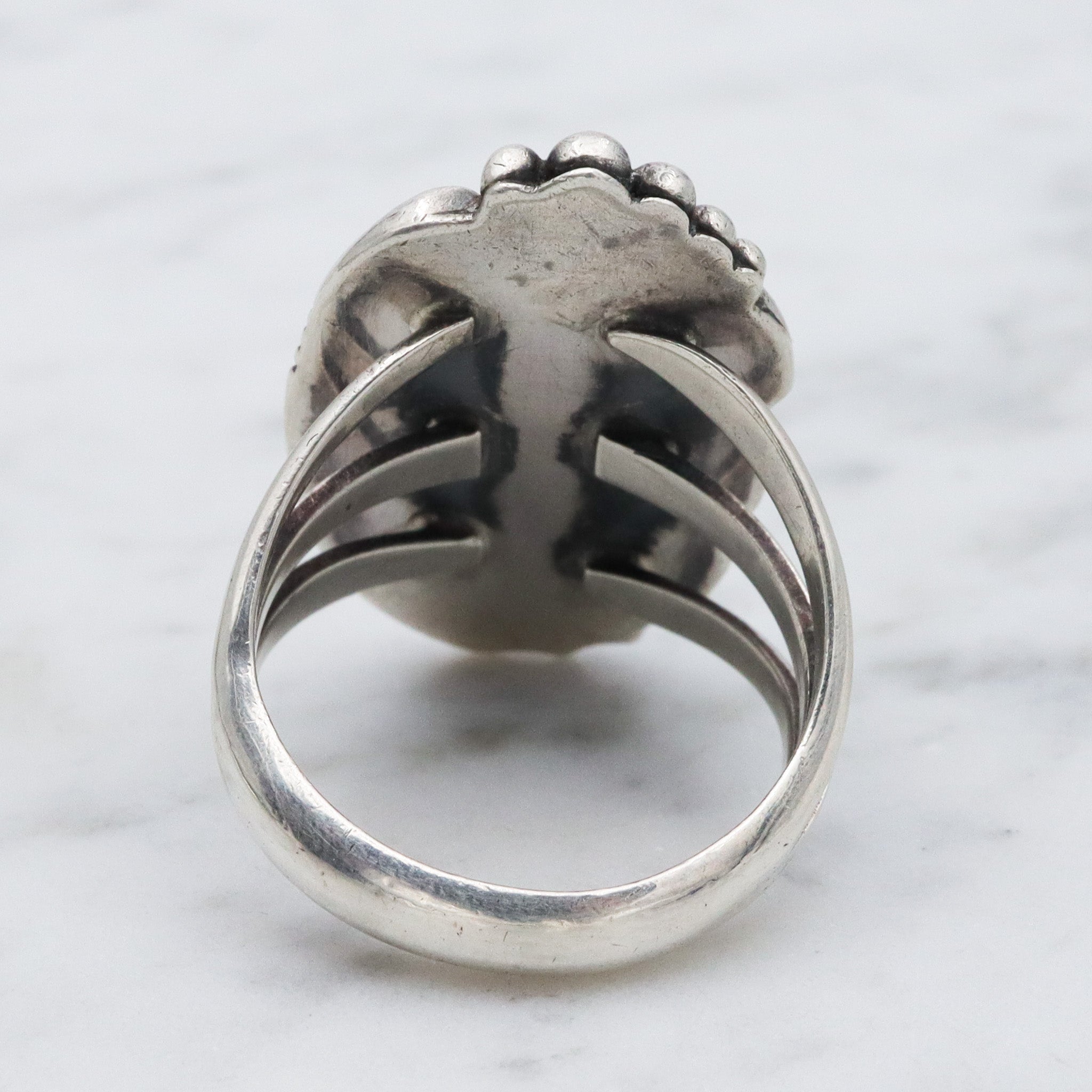 Native American sterling silver green turquoise navette ring , sz 7.5