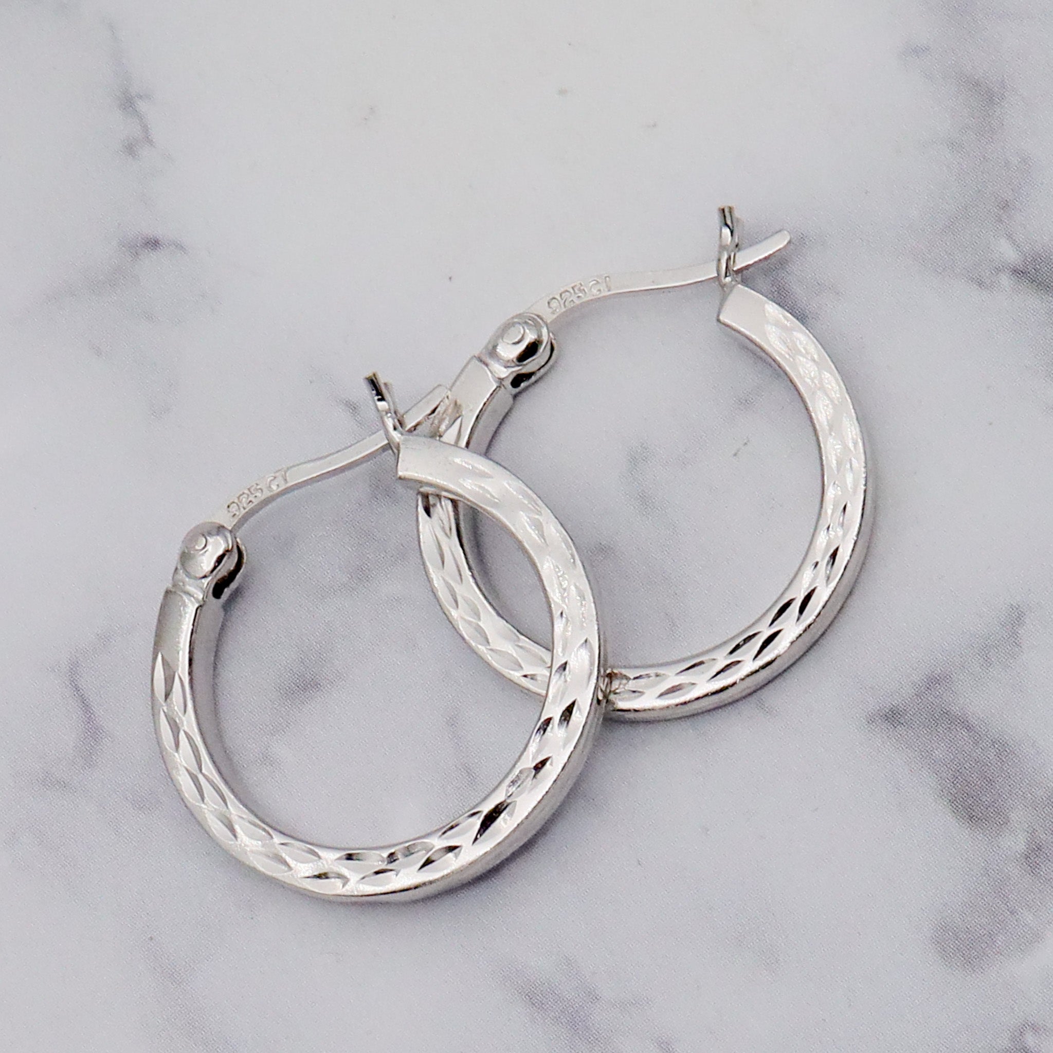 Vintage diamond etched sterling hoop earrings