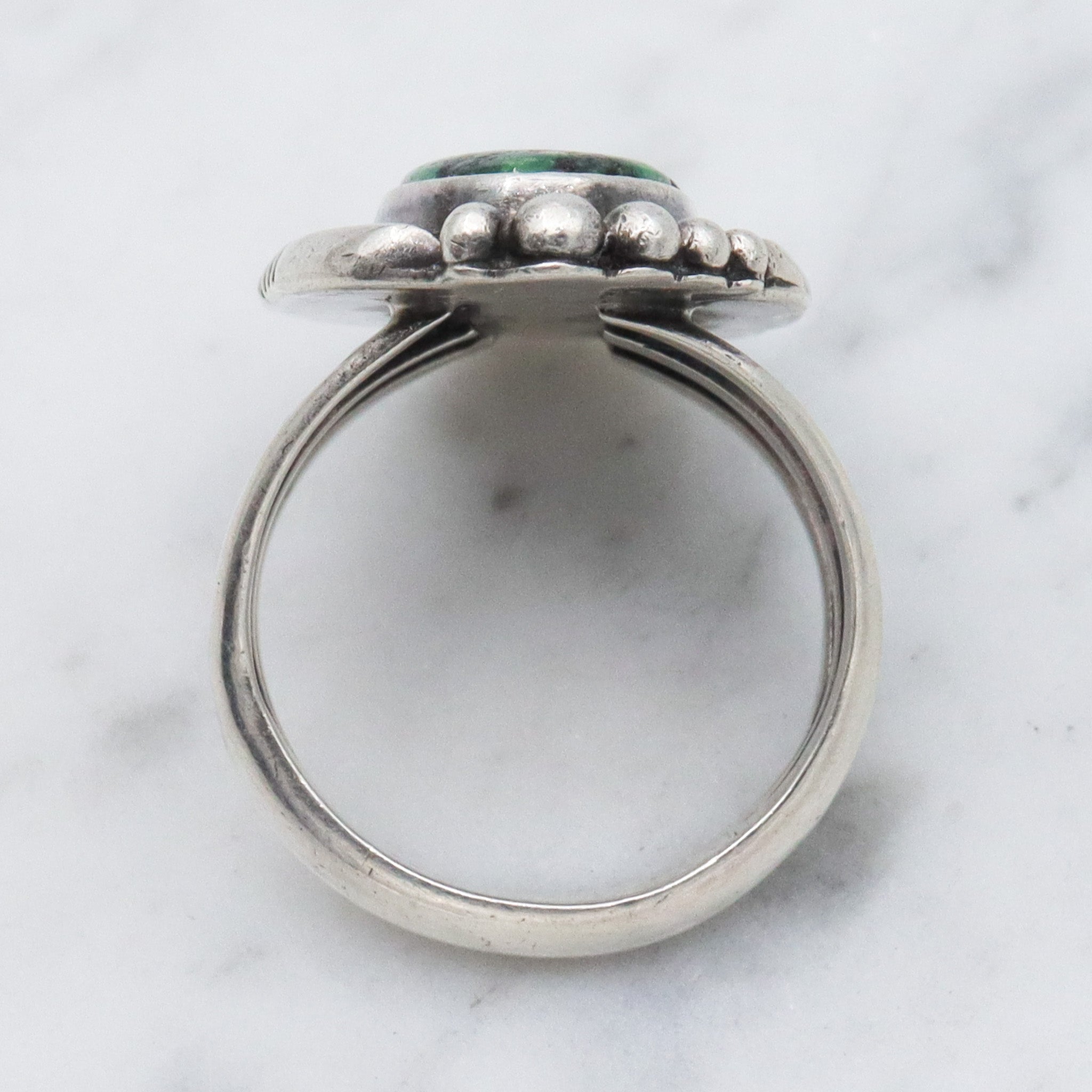 Native American sterling silver green turquoise navette ring , sz 7.5