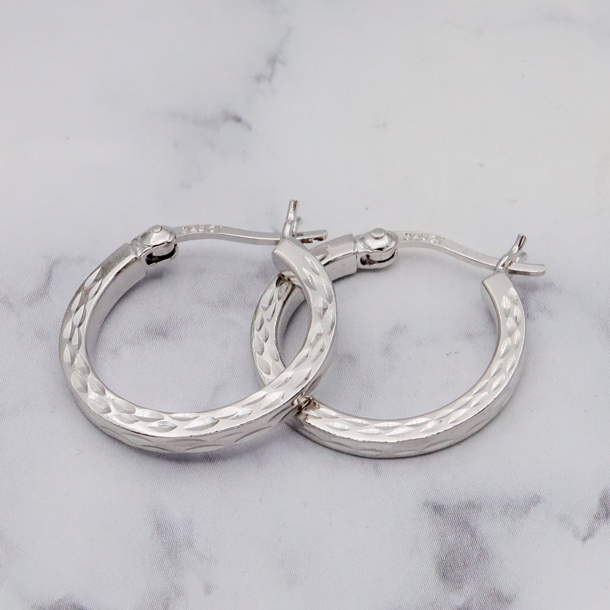 Vintage diamond etched sterling hoop earrings